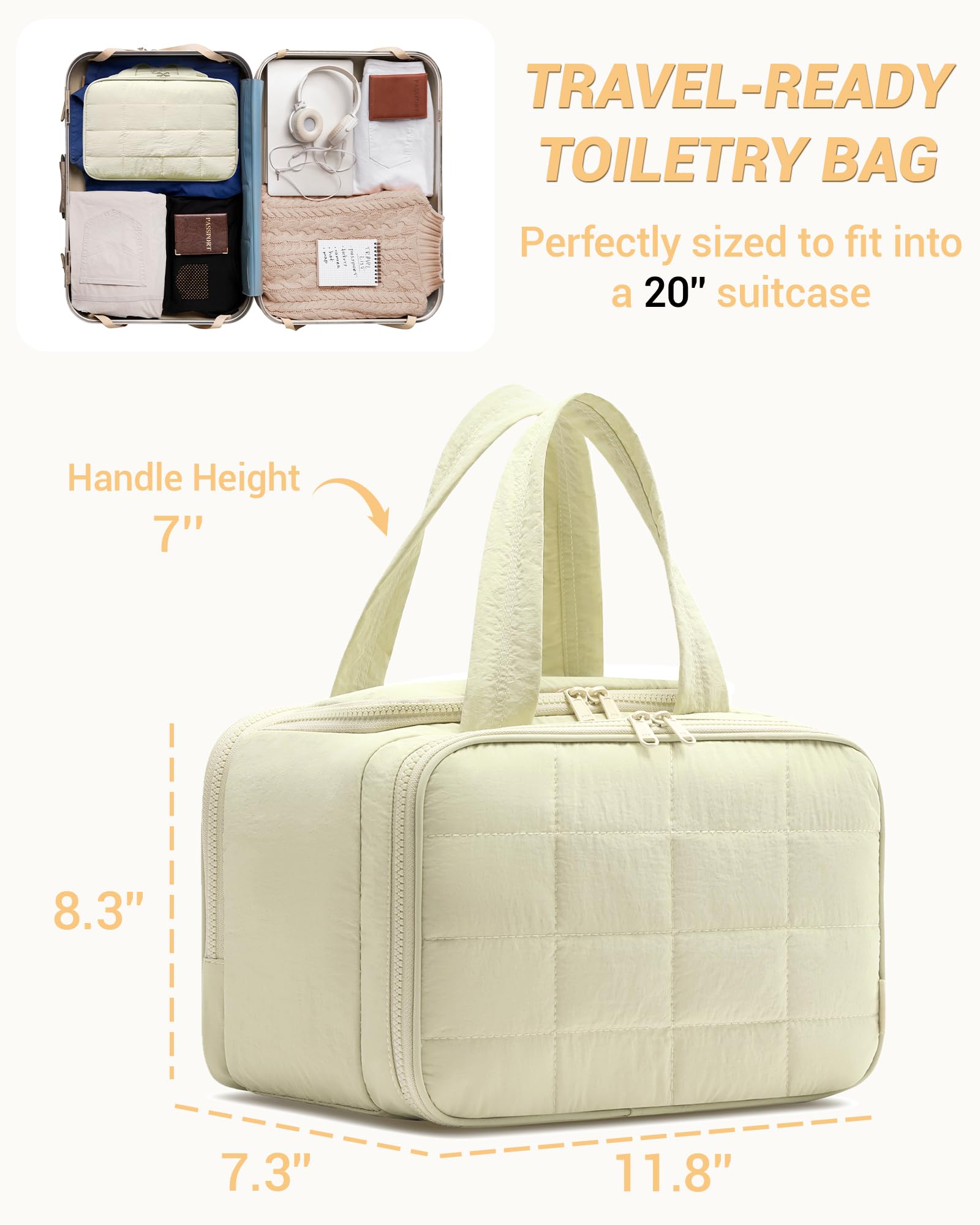 Quilted Travel Toiletry Bag for Women - Lightweight Cosmetic Makeup Organizer with Handle for Essentials | Puffy Wide-Open Design | Perfect for Air Travel, Vacation & Gym Accessories Storage (Beige)