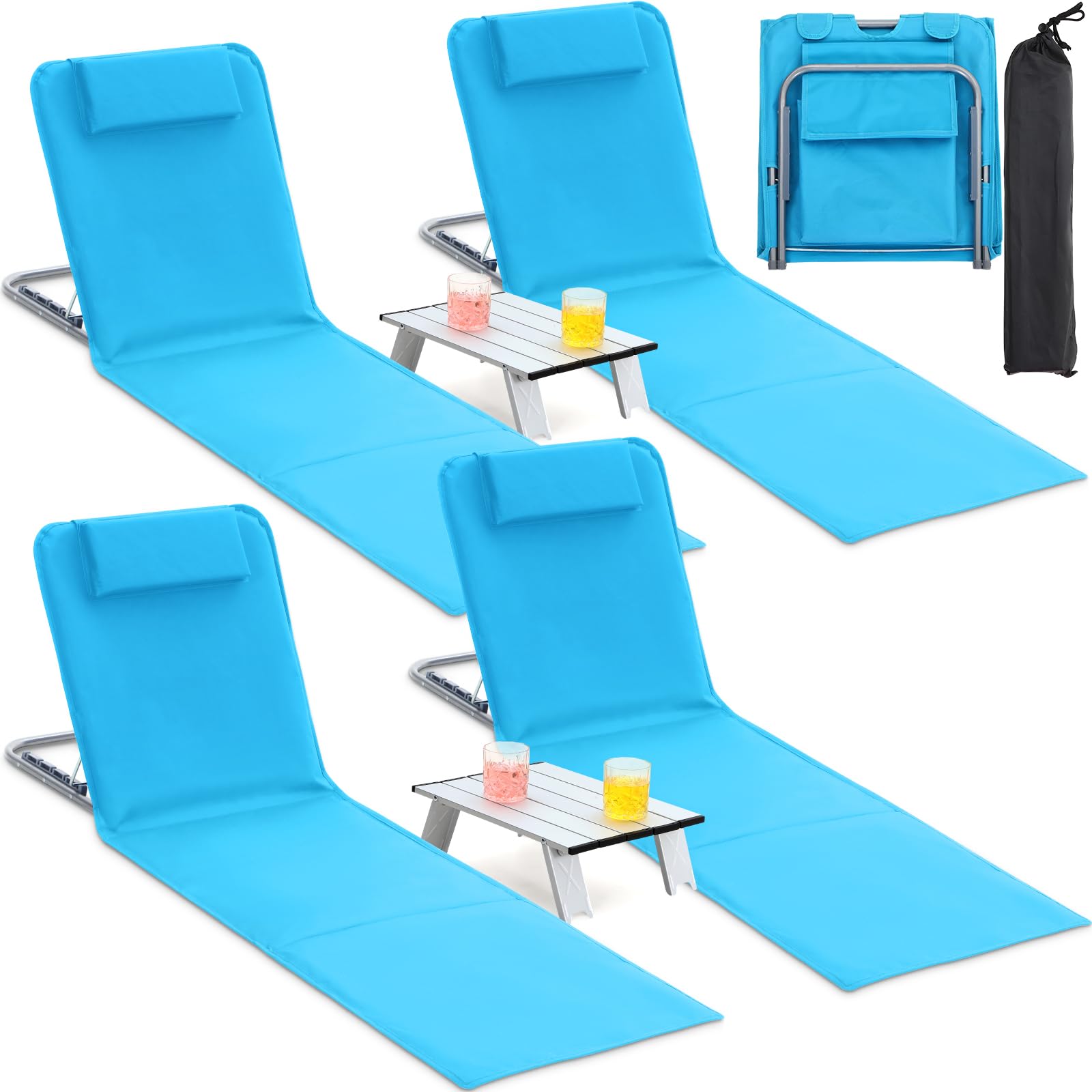 4 Pack Portable Beach Lounge Chairs with 2 Folding Side Tables - Adjustable 5-Position Tanning Chaise - Lightweight Outdoor Camping Chairs for Sunbathing, Backyard, Poolside & Beach (Lake Blue) - Perfect for Vacation, Picnics and Summer Relaxation