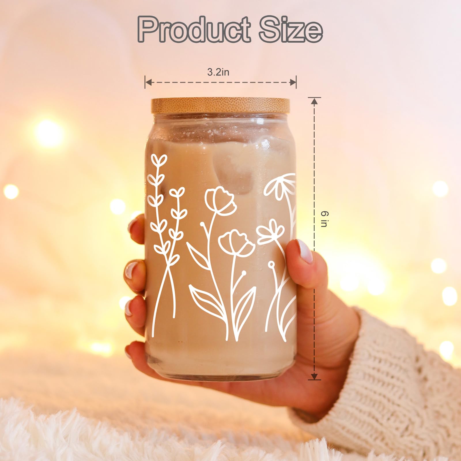 Coolife 16oz Floral Iced Coffee Glass Cup with Lid & Straw - Aesthetic Matcha Tumbler for Women, Perfect Mother's Day/Birthday Gift for Mom, Wife, Daughter - Great for Iced Coffee, Matcha, Bubble Tea at Home, Office or Cafe