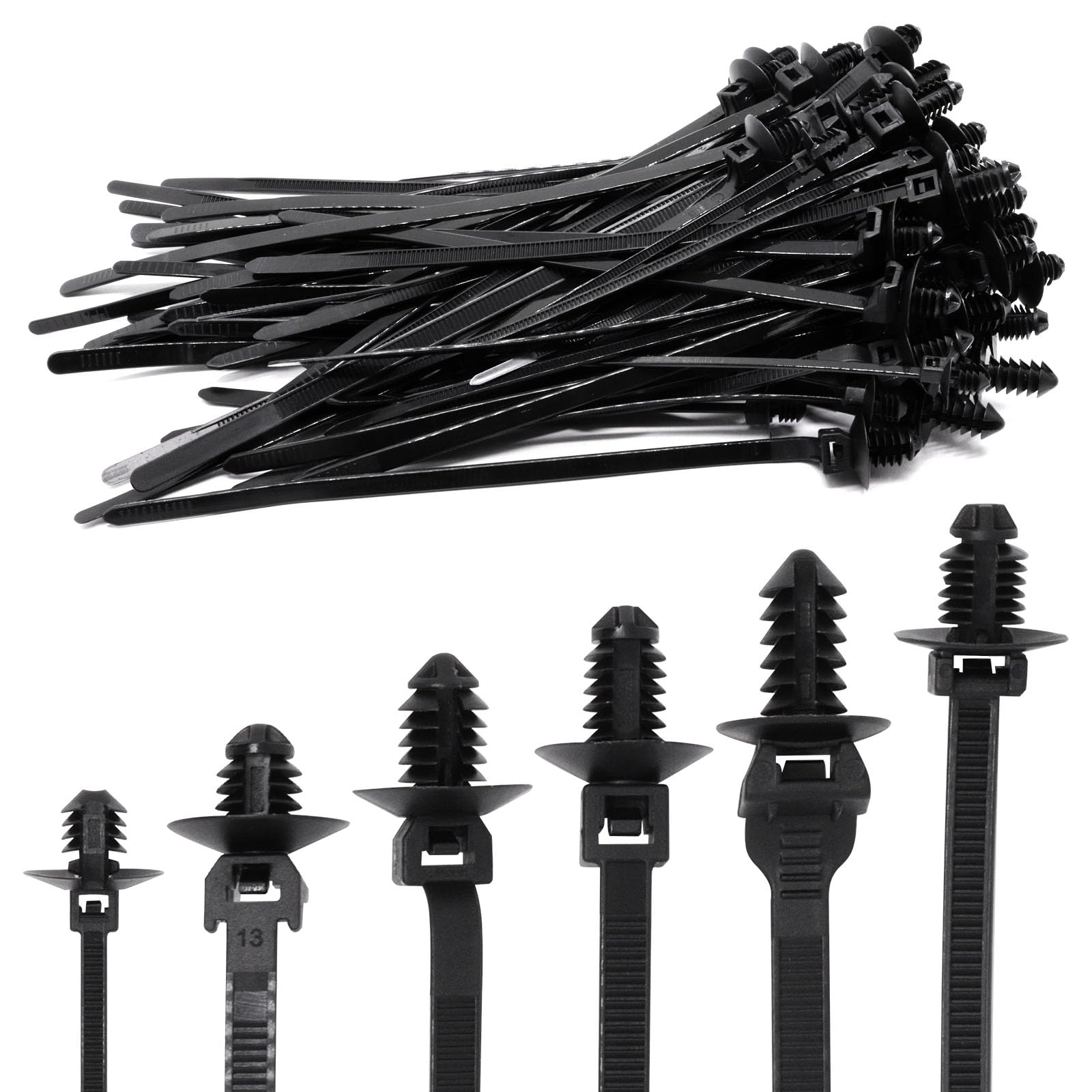 60 PCS Black Nylon Push Mount Zip Ties - 6 Types Snap-in Cable Ties for Automotive Wire Harness, Electrical Wiring & DIY Projects - Secure Wire Tying for Cars, Home Organization & Office Use