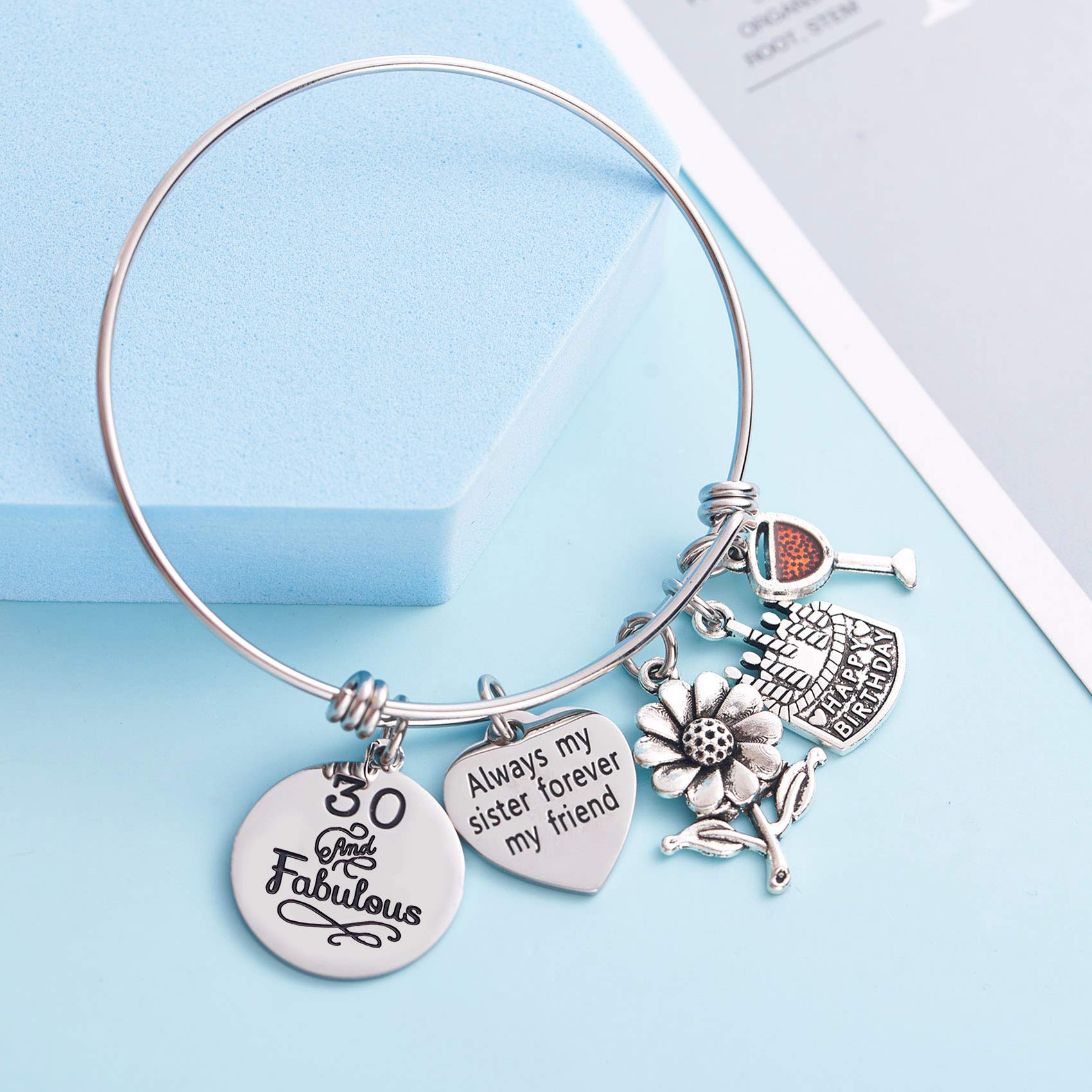 LParkin Expandable Bracelet for Women - 30th & 40th Birthday Gifts, Sister Gifts with 'Always My Sister Forever My Friend' & 'Live Laugh Love' Cake Charms | Perfect for Birthdays, Anniversaries & Special Occasions