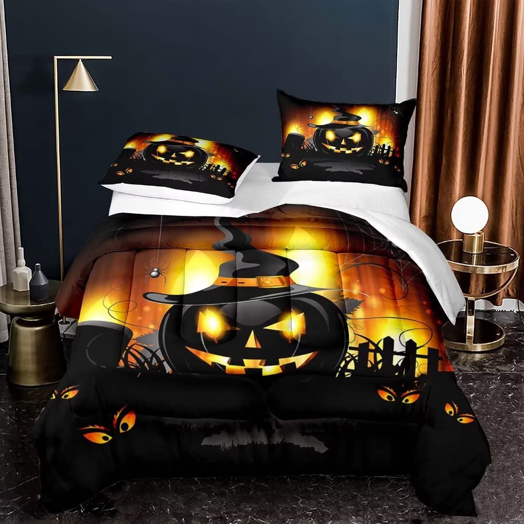 Happy Halloween King Size 3D Pumpkin Comforter Set - Black & Orange Smiling Jack-o'-Lantern Bedding with 1 Quilt & 2 Pillowcases for Kids & Teens - Perfect for Spooky Bedroom Decor & Seasonal Celebrations