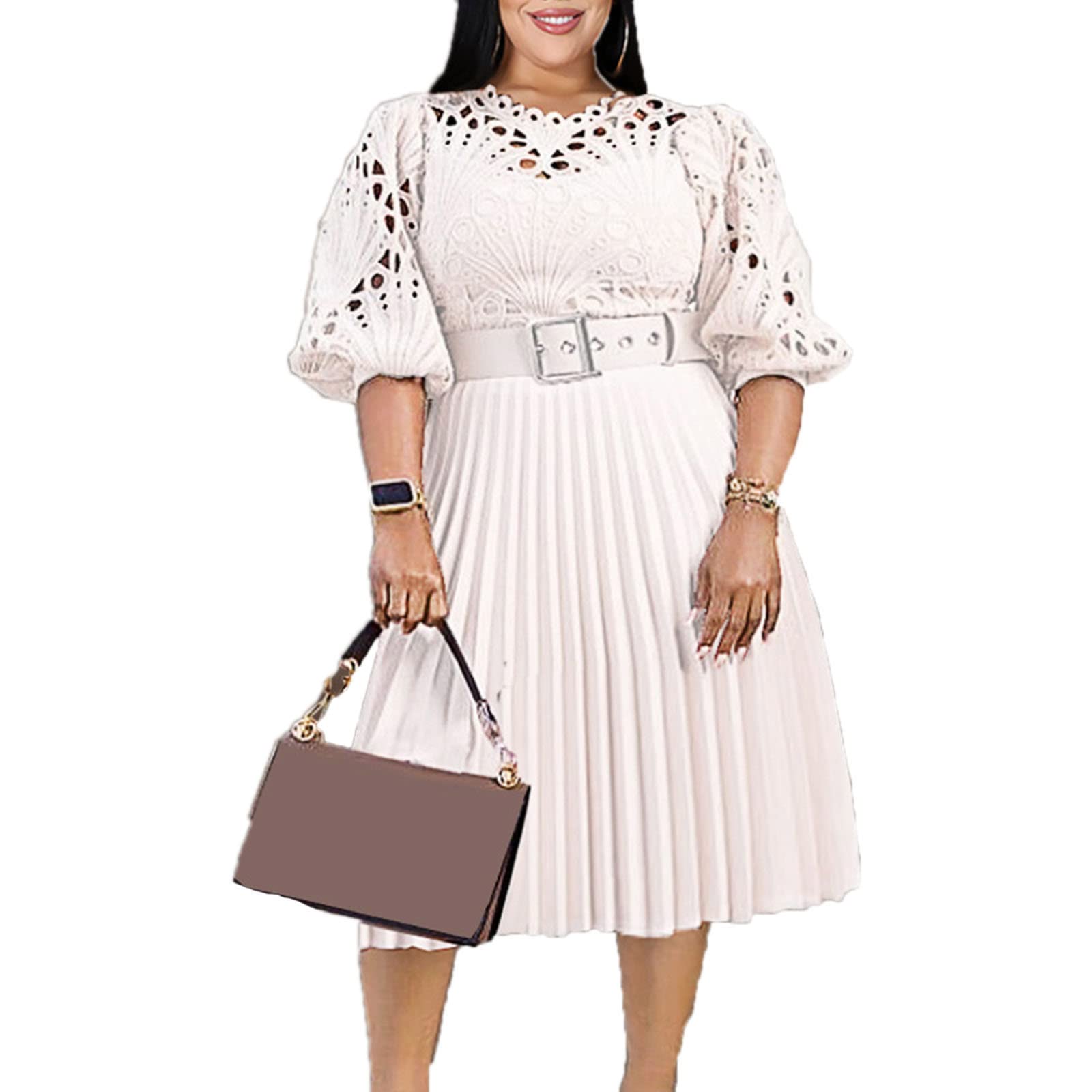 Elegant Plus Size Lace Patchwork Midi Dress with Pleated Puff Sleeves for Wedding, Evening Party, Prom, Cocktail & Special Occasions