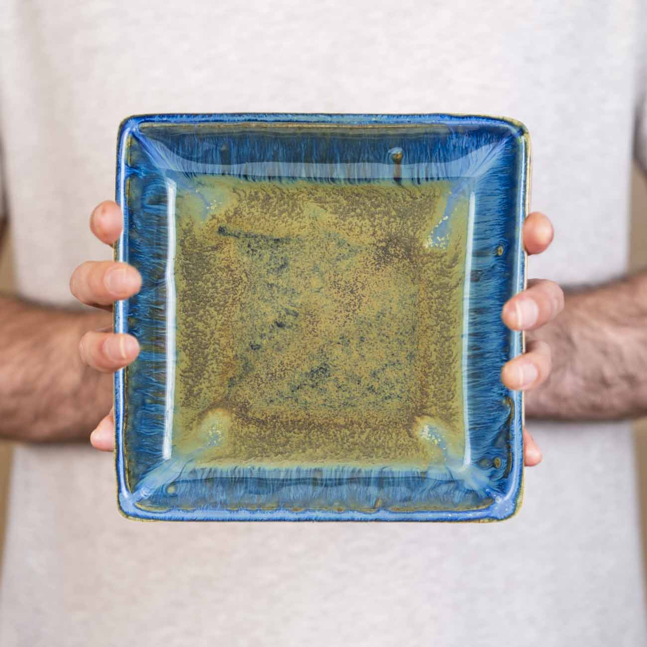 Blanket Creek Pottery Medium Square Plate - Amber Blue Ceramic Dinnerware for Home Dining & Kitchen Decor | Perfect for Serving Appetizers, Desserts, and Display
