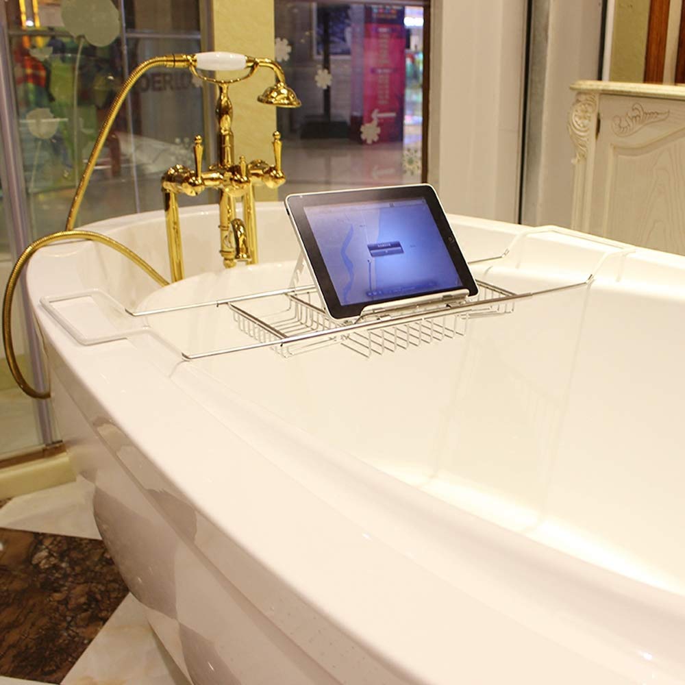 Expandable Stainless Steel Bathtub Tray with Book Holder & Extending Silicone Sides - Adjustable Bath Caddy Organizer for Bathroom, Perfect for Reading, Relaxing & Holding Essentials in Tub or Shower