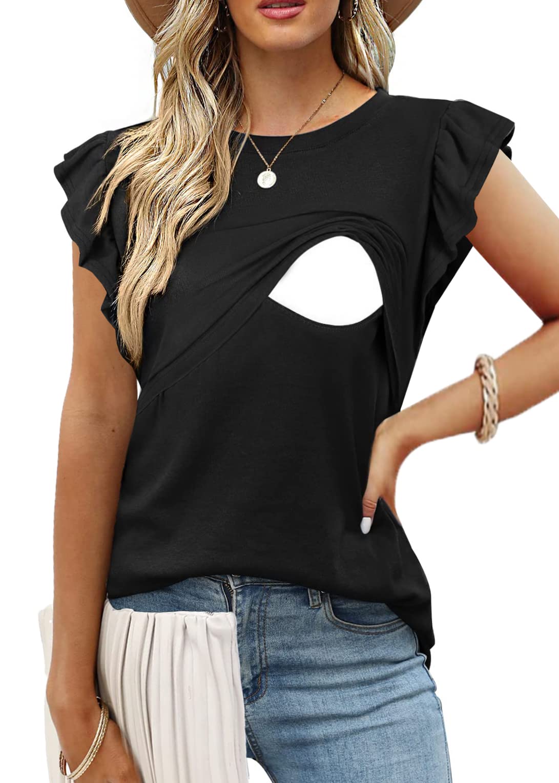 Women's Nursing Flutter Sleeve Tops - Comfortable Crew Neck Blouse T-Shirts for Breastfeeding Moms | Perfect for Maternity Wear, Nursing at Home or On-The-Go
