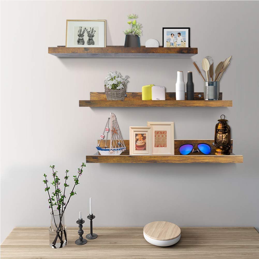Giftgarden 24 Inch Floating Shelves Set of 3 - Rustic Wood Wall Mounted Shelves for Bedroom, Living Room, Bathroom & Kitchen Decor - 3 Different Sizes - Perfect for Displaying Photos, Books & Home Decor