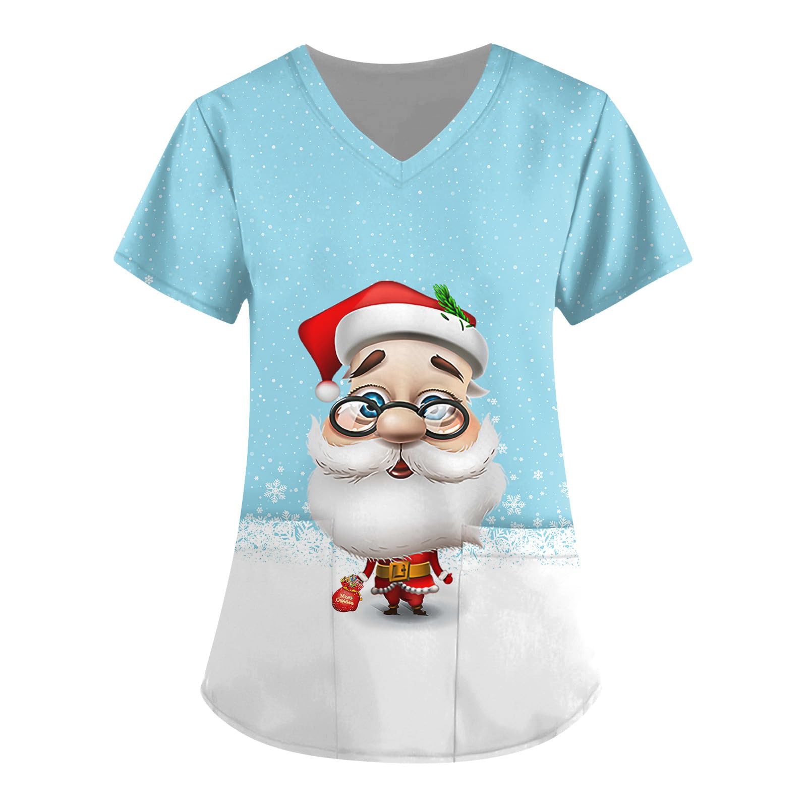 **Festive Christmas Scrubs Tops for Women - Cartoon Santa Print, Stretchy & Soft Nursing Uniform with Pockets - Perfect for Nurses, Healthcare Workers & Holiday Workwear**