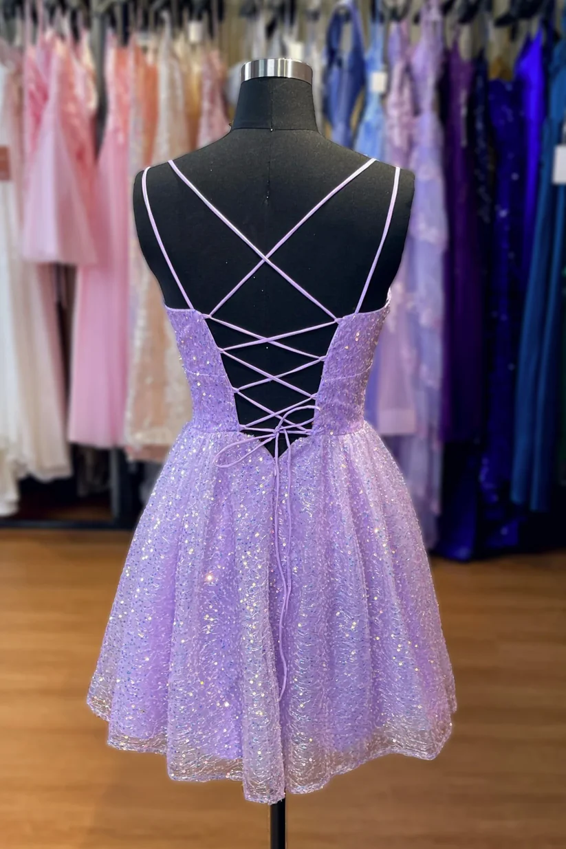 Lilac Glitter A-Line Homecoming Dress - Short Prom Party Dress for Teens (J4030) | Perfect for Dances, Formals, and Special Occasions
