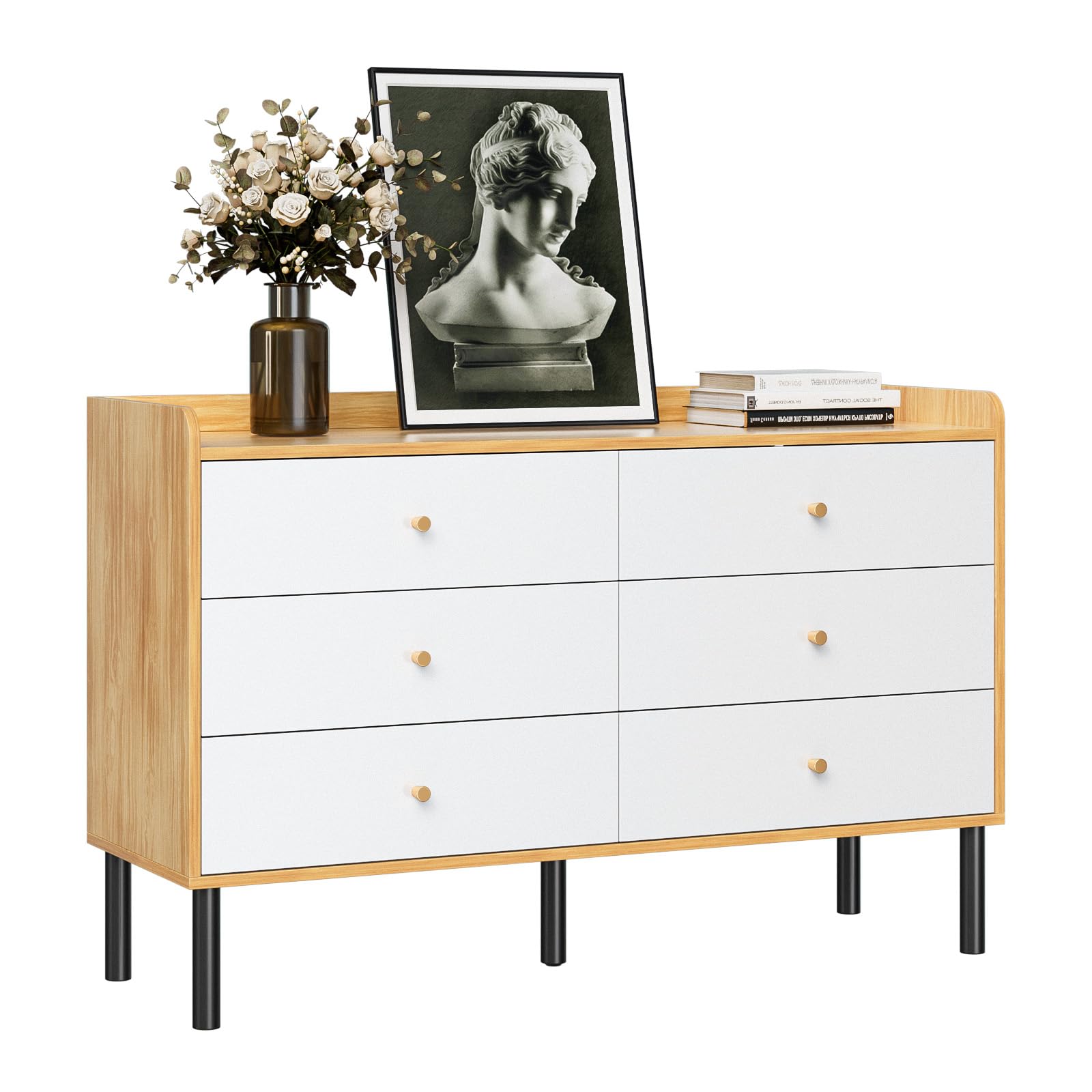 LYNSOM 6-Drawer Natural Wood Dresser for Bedroom - Modern Wide Drawer Storage with Metal Handles - Sturdy Chest of Drawers for Hallway, Entryway, Living Room & Bedroom Organization