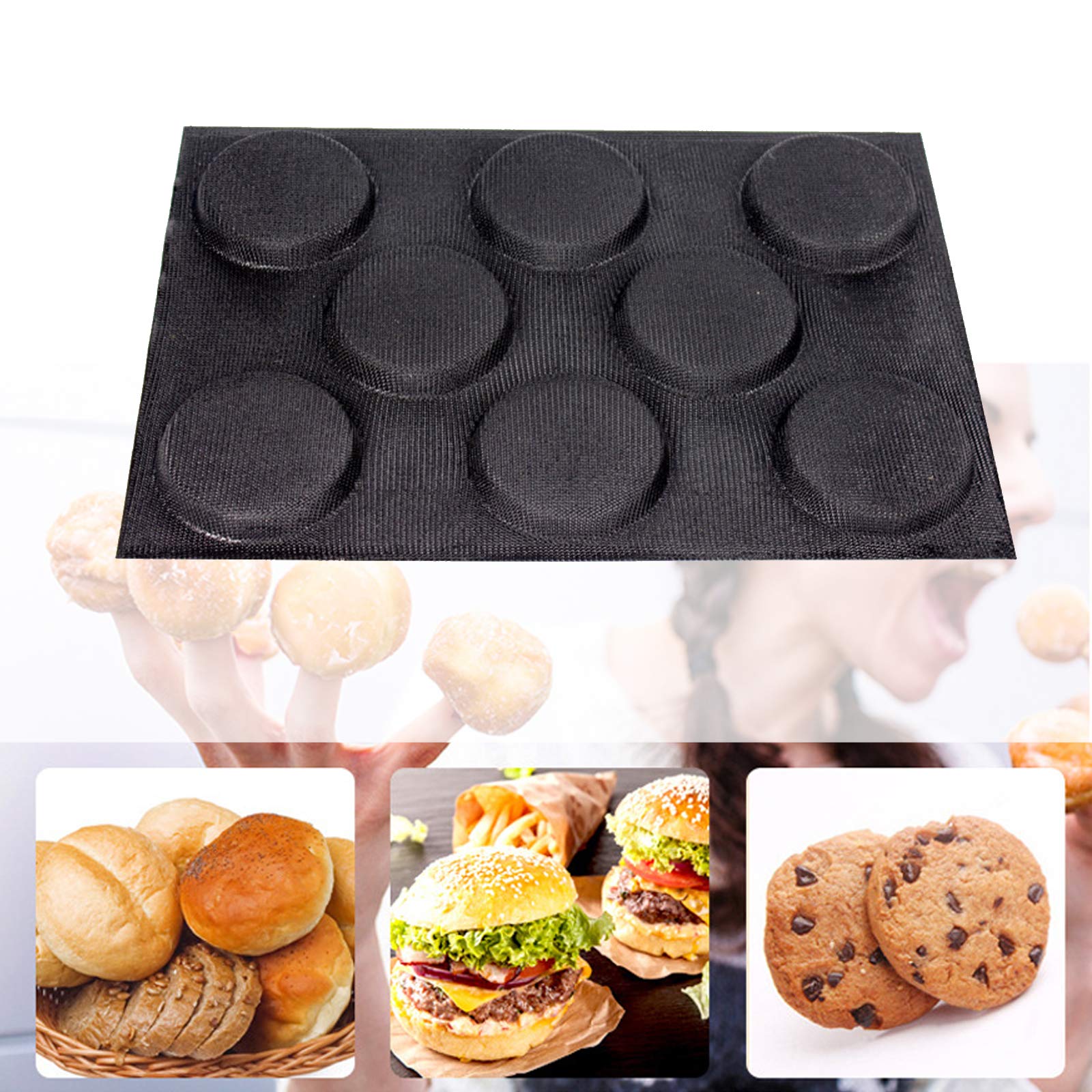 Non-Stick Silicone Hamburger Bun Pan - 8 Cavity Round Perforated Bread Mold for Baking Hot Dogs, Buns & Pastries | Perfect for Home Bakeries, Restaurants & Commercial Kitchens