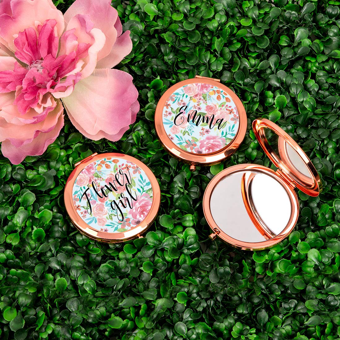 Andaz Press Compact Mirror - Rose Gold & Pink Floral Design | Perfect Wedding Gift for Brides, Flower Girls & Bridal Showers | Great for Bachelorette Parties, Tea Parties & Special Occasions | 1-Pack