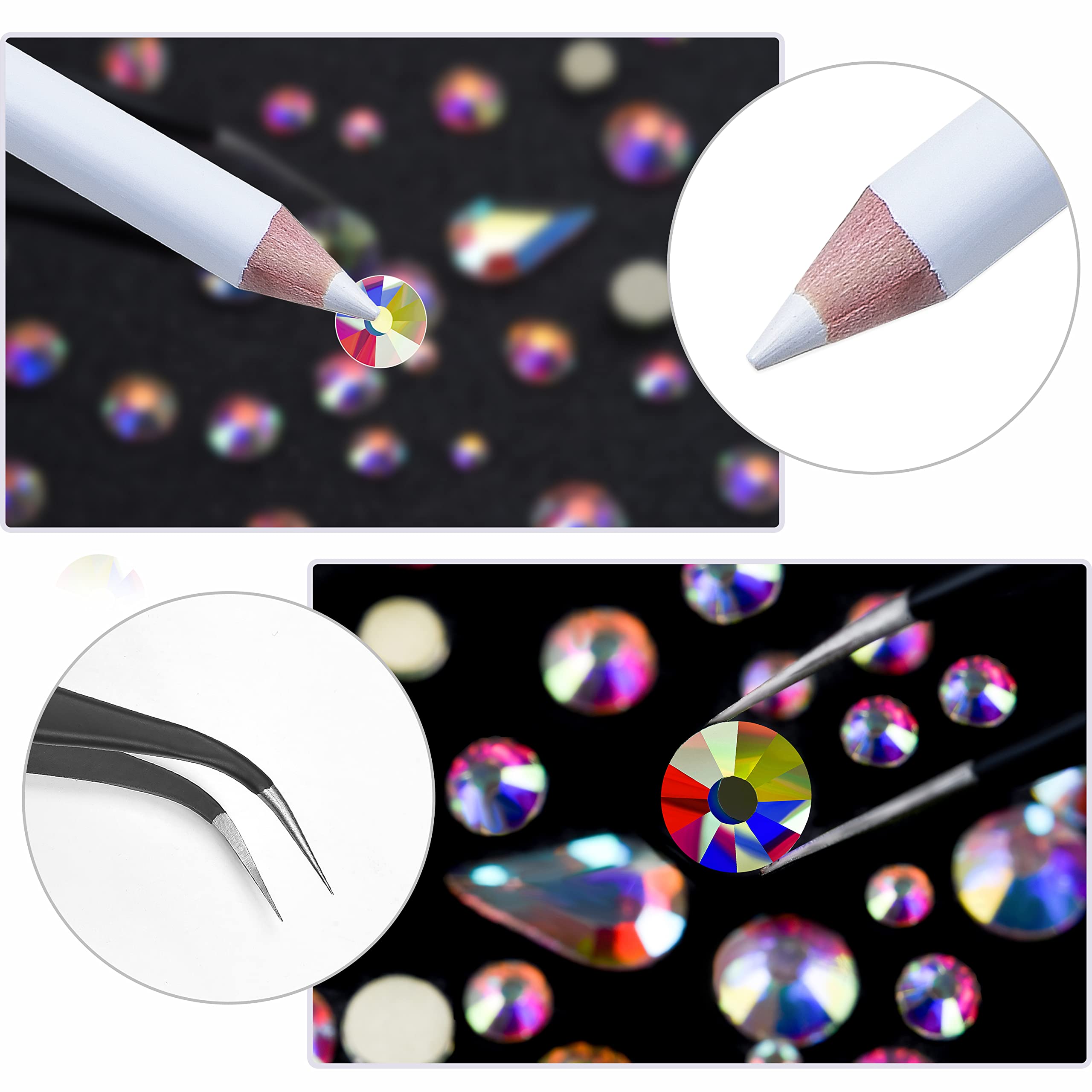 2400Pcs Flat Back Rhinestones - 6 Sizes (1.9-4.5mm) Crystal AB Gems with Storage Box, Wax Pencil & Tweezers for Nail Art, Clothing, Shoes, Bags & DIY Crafts - Perfect for Jewelry Making, Home Decor & Gift Packaging