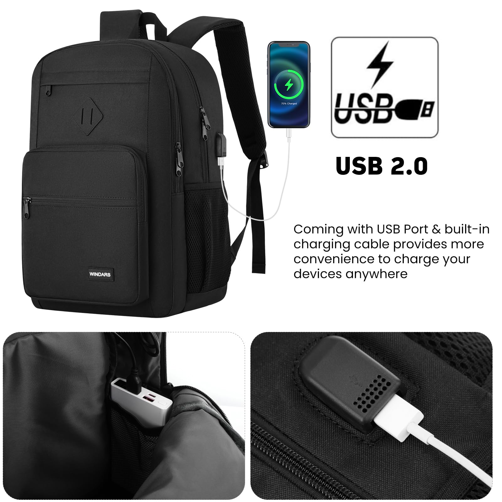 Durable Black Backpack for Men & Women - 17.3 Inch Laptop Bookbag with USB Charger | Water-Resistant School Backpack for College, High School, Work & Travel | Perfect for Commuting, Hiking & Daily Use