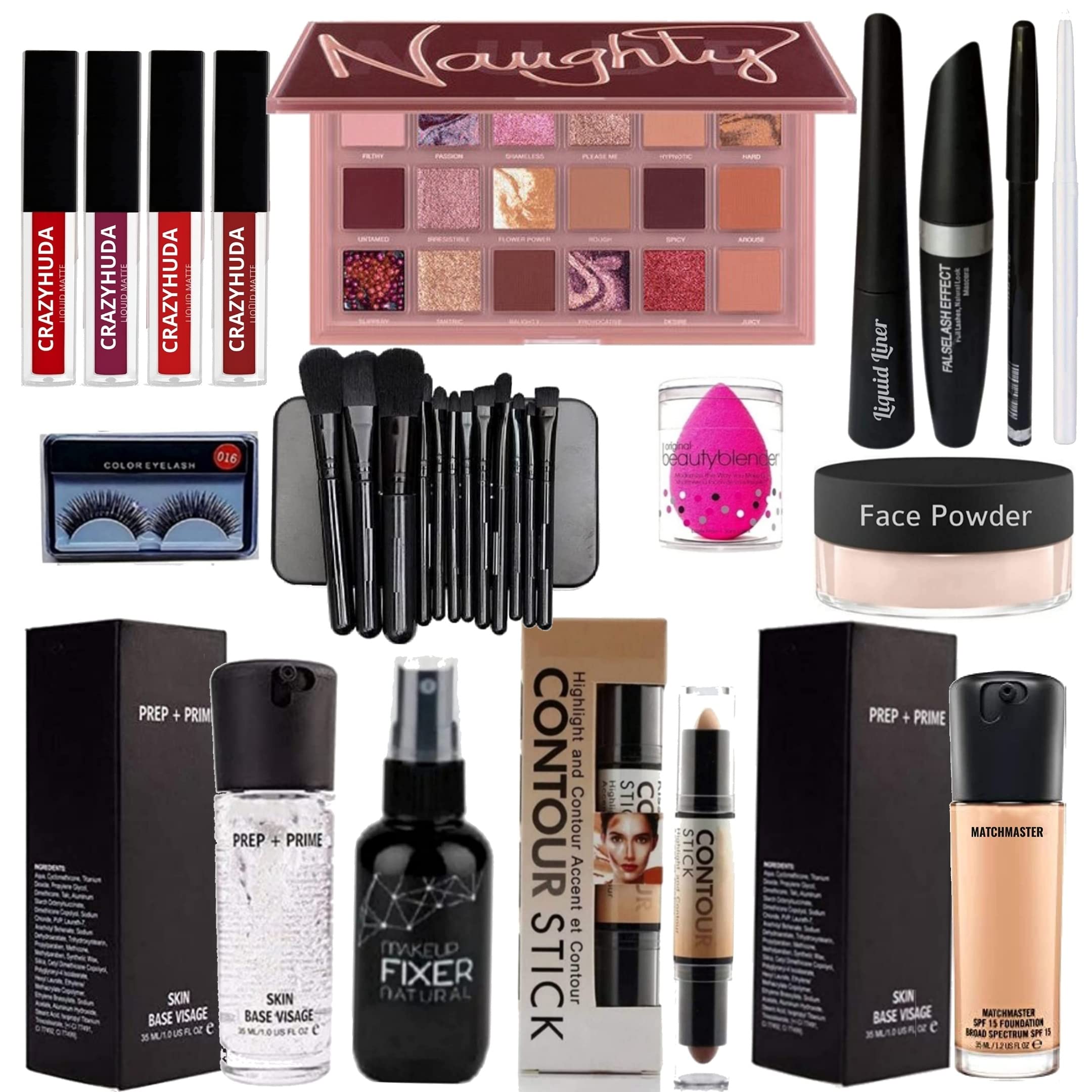 **Huda Beauty Waterproof Lipstick Set - 4 Pcs Lipstick, Eyeshadow, Kajal Liner, Mascara, White Kajal, Makeup Blender, Loose Powder, Brushes, Lashes, Primer, Foundation, 2-in-1 Contour Stick, Setting Spray (17-Piece Makeup Kit) – Perfect for Party, Wedding & Everyday Glam**