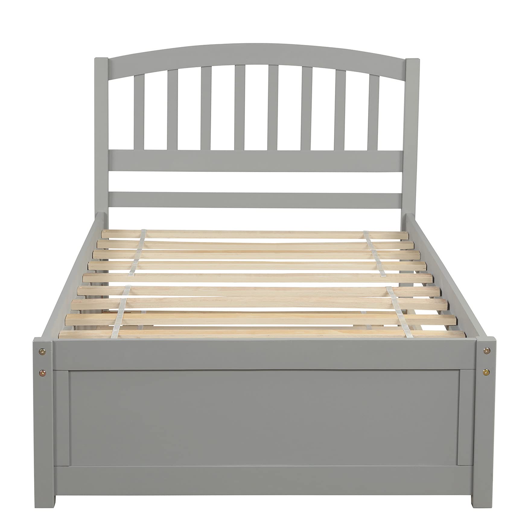 Solid Wood Twin Platform Bed Frame with Headboard & Trundle - Grey | Space-Saving Roll-Out Design for Guest Rooms, Kids' Rooms & Small Apartments