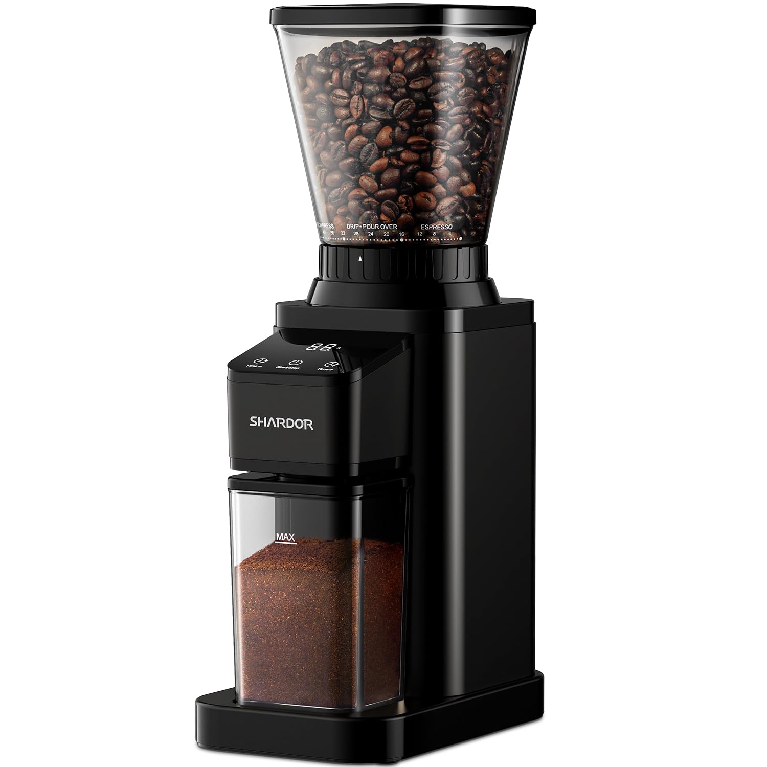 SHARDOR Professional Conical Burr Coffee Grinder - 48 Precise Grind Settings for Espresso, Drip Coffee & French Press | Upgraded Anti-Static Technology & Digital Timer | Perfect for Home Baristas & Coffee Enthusiasts | Ideal for Morning Brews, Office Use & Gift Giving (Black)