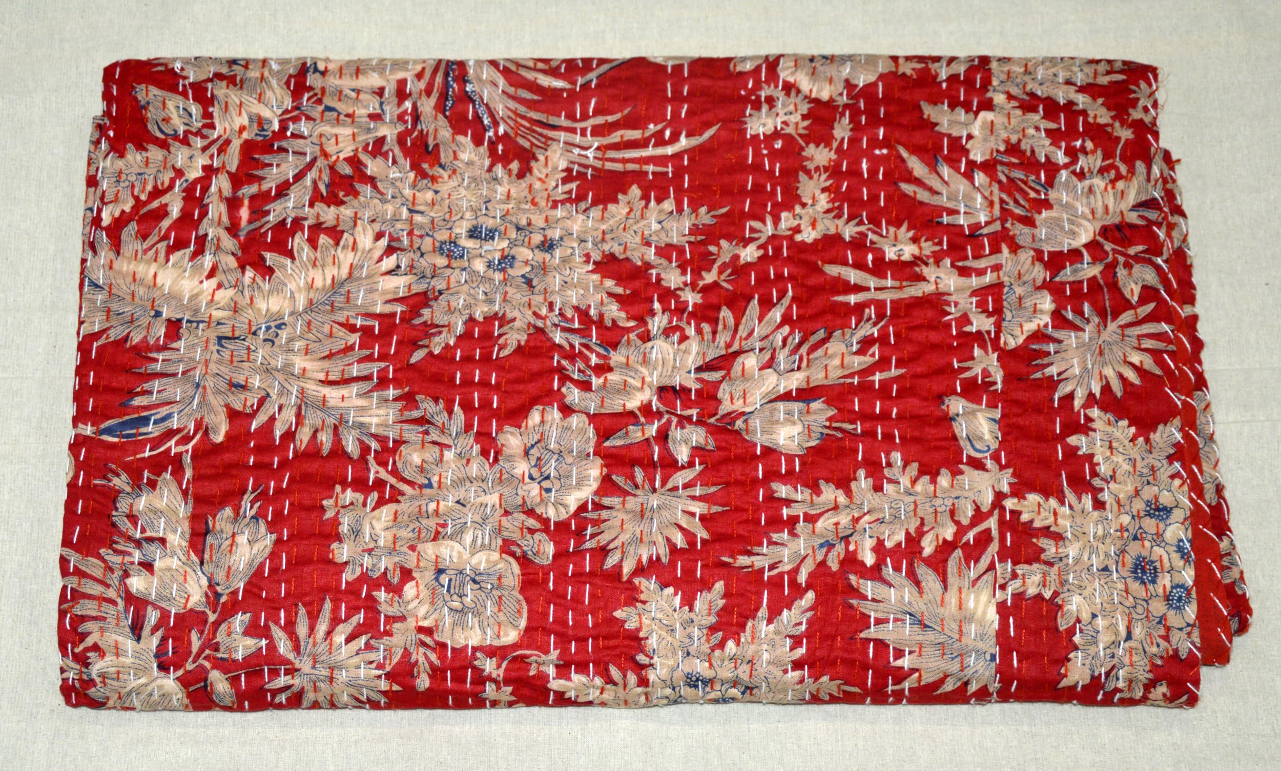 Handmade Cotton Kantha Quilt - Reversible Lightweight Indian Blanket & Boho Throw for Queen Size Bed (Red) - Perfect for Cozy Bedroom Decor, Guest Room Accent, or Boho-Chic Living Room