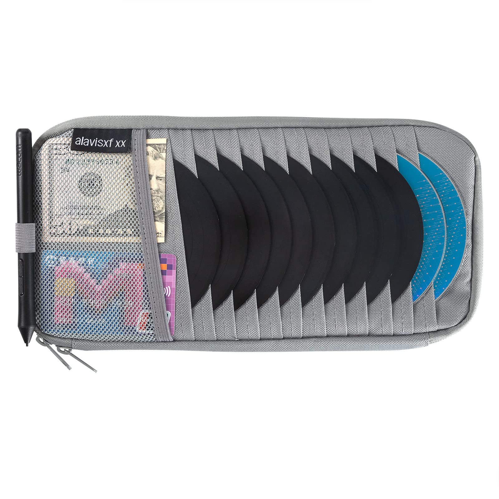 Alavisxf XX Car CD Holder - Large Capacity 12-Sleeve Visor Organizer with Mesh Pocket, Pen Holder & Inner Pocket for CDs, DVDs & Accessories - Perfect for Road Trips & Commuting (Grey)