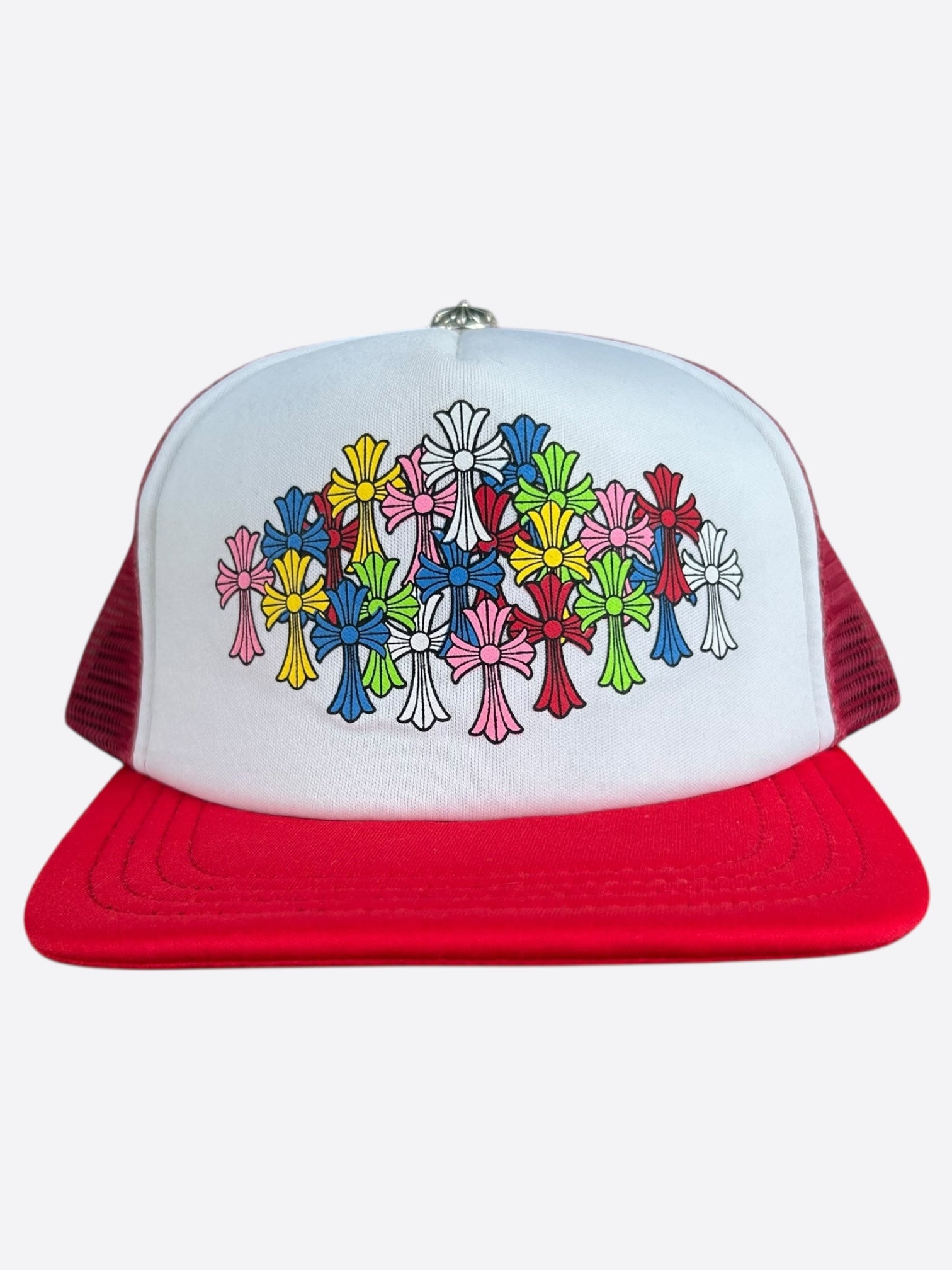 Chrome Hearts Red & White Multicolor Cross Trucker Hat - Stylish Unisex Baseball Cap for Fashion & Streetwear - Perfect for Casual Outfits, Music Festivals, and Everyday Wear