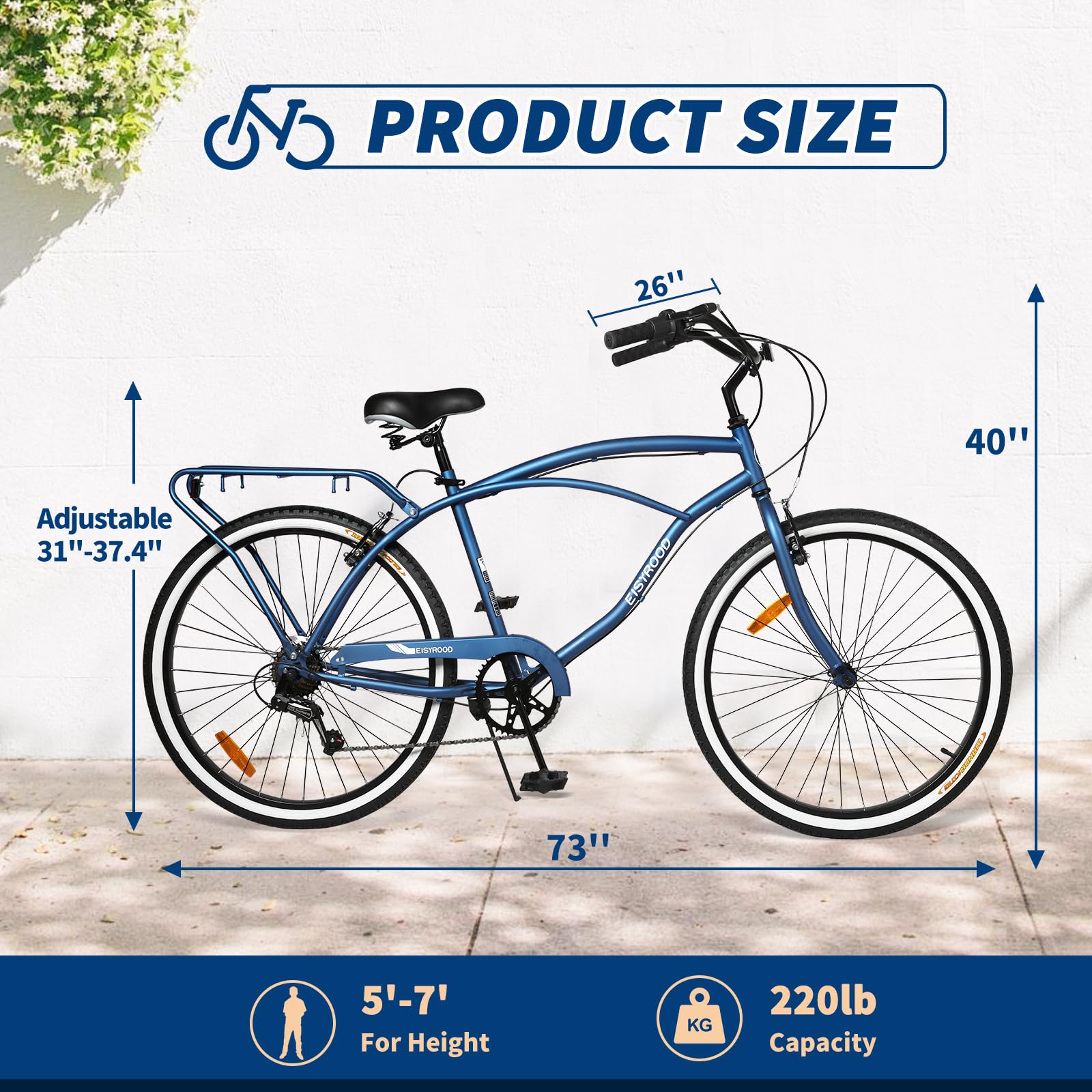 26 Inch 7-Speed Beach Cruiser Bike for Women & Men - Lightweight Hybrid Cruiser with Quick Assembly & Anti-Skid Tires - Perfect for Coastal Rides, City Commuting & Leisure Cycling (Adult Bike)