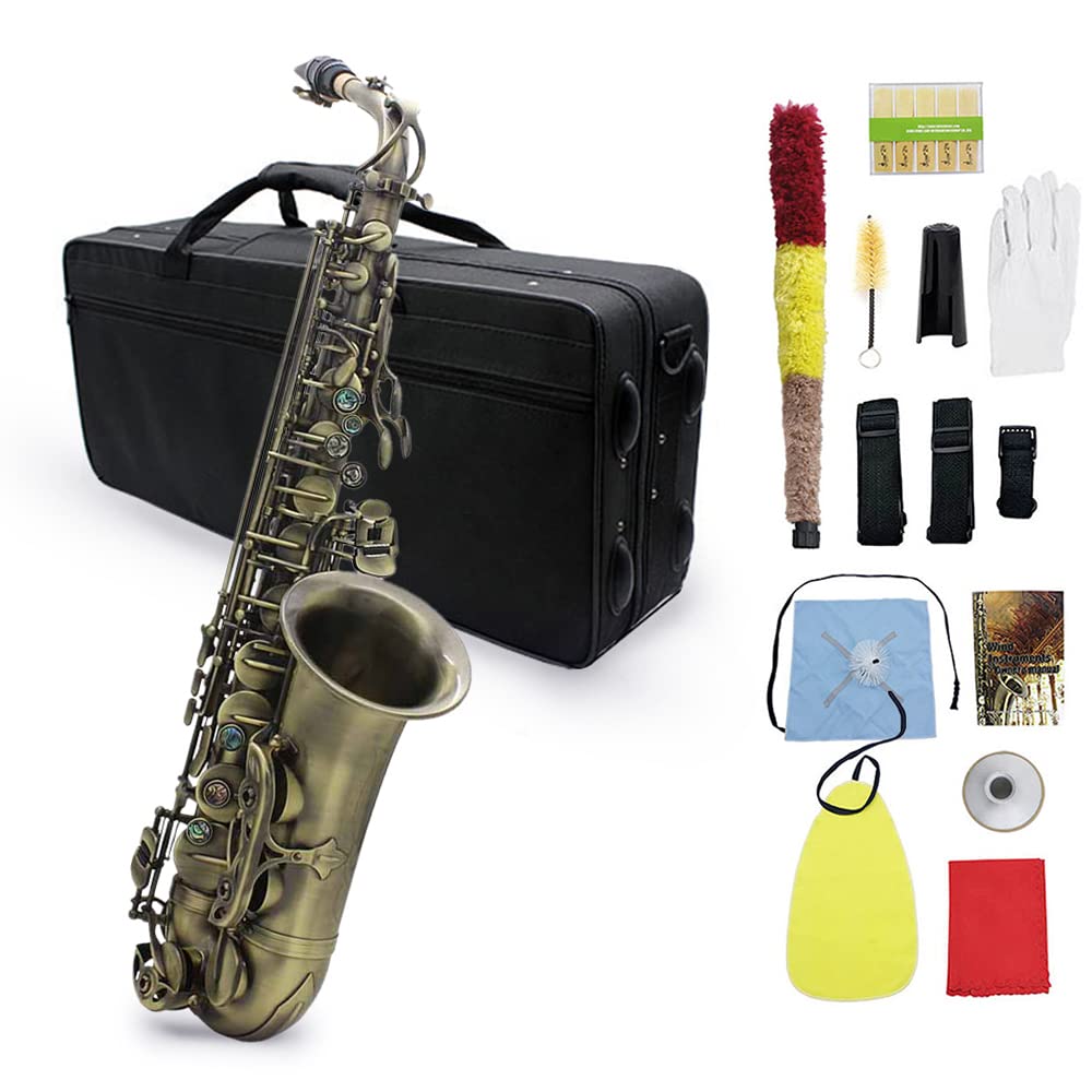 Professional Bb Alto Saxophone - High Grade Antique Bronze Finish with Abalone Shell Key Carvings | Includes Hard Case, Gloves, Cleaning Cloth, Straps & Brush | Perfect for Beginners, Students & Jazz Performers