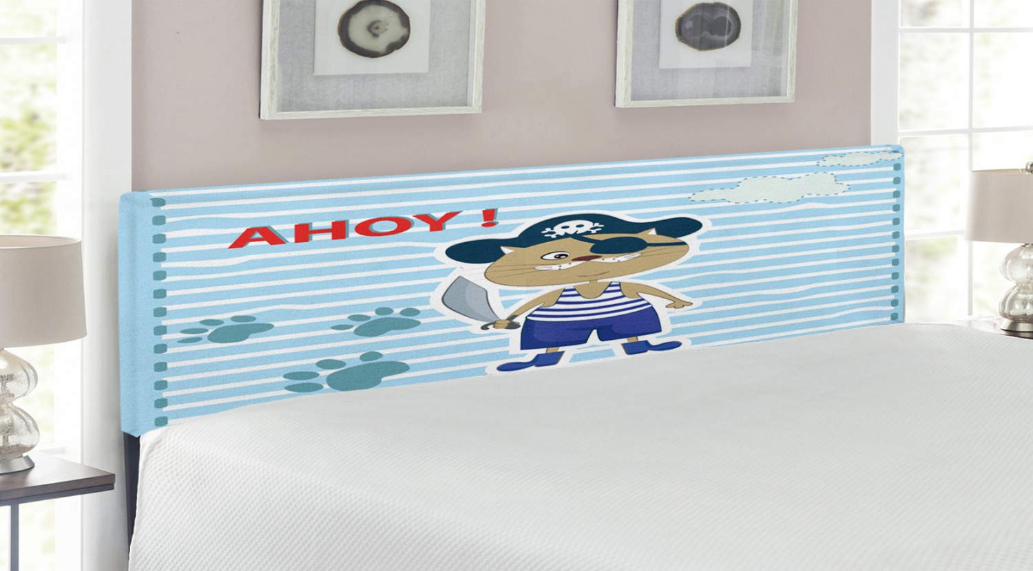 Ambesonne Ahoy It's a Boy Pirate Cat Headboard - King Size Upholstered Metal Bed Frame with Memory Foam, Nautical Striped Design in Violet Blue Turquoise - Perfect for Kids' Rooms, Nursery Decor & Themed Bedrooms