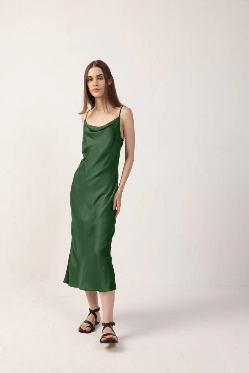 Elegant Cowl Neck Satin TENCEL™ Midi Dress for Women - Soft & Flowy, Available in Multiple Colors | Perfect for Date Nights, Cocktail Parties & Special Occasions