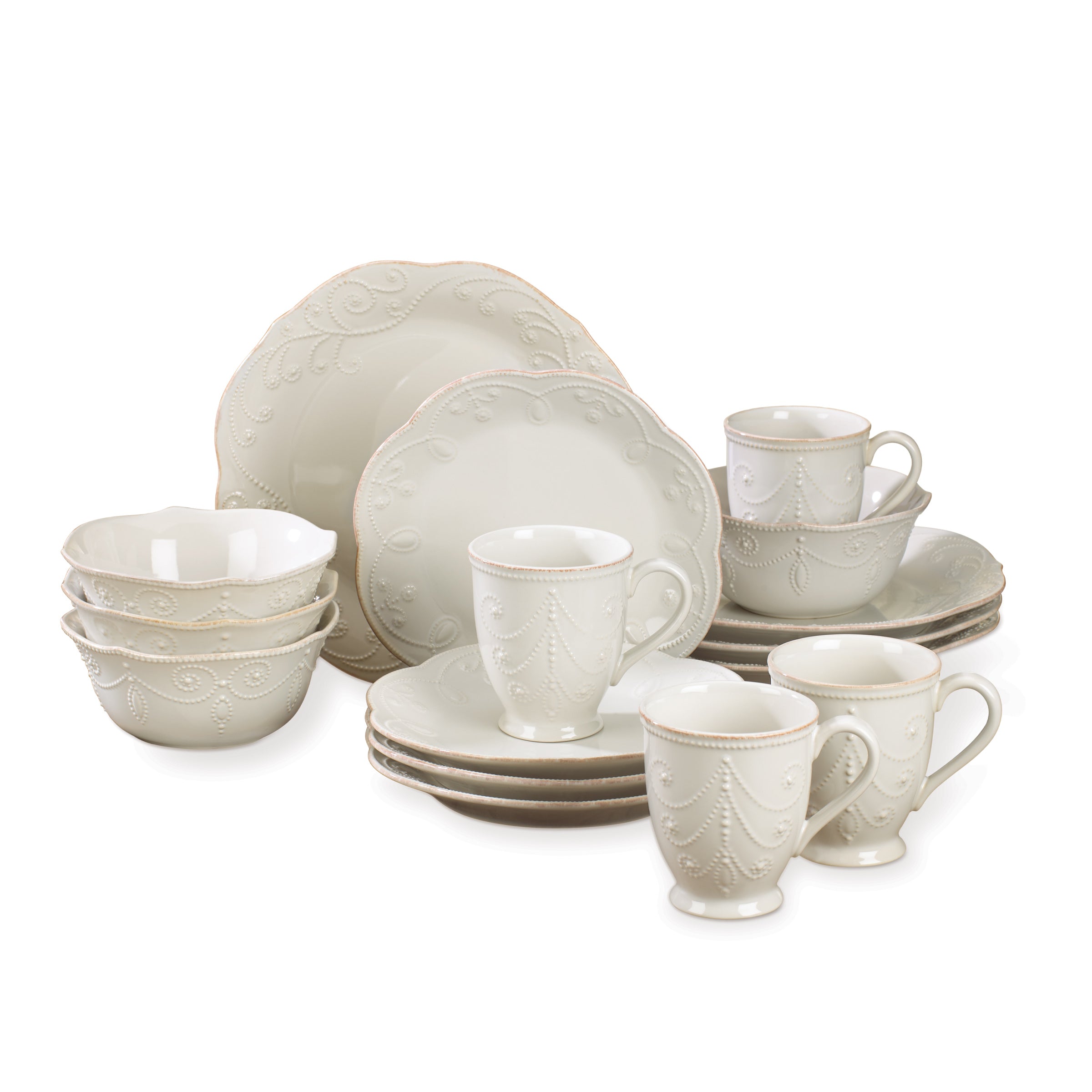 French Pearl White 16-Piece Dinnerware Set - Elegant Porcelain Dinner Plates, Bowls & Cups - Perfect for Formal Dining, Wedding Registry & Holiday Entertaining