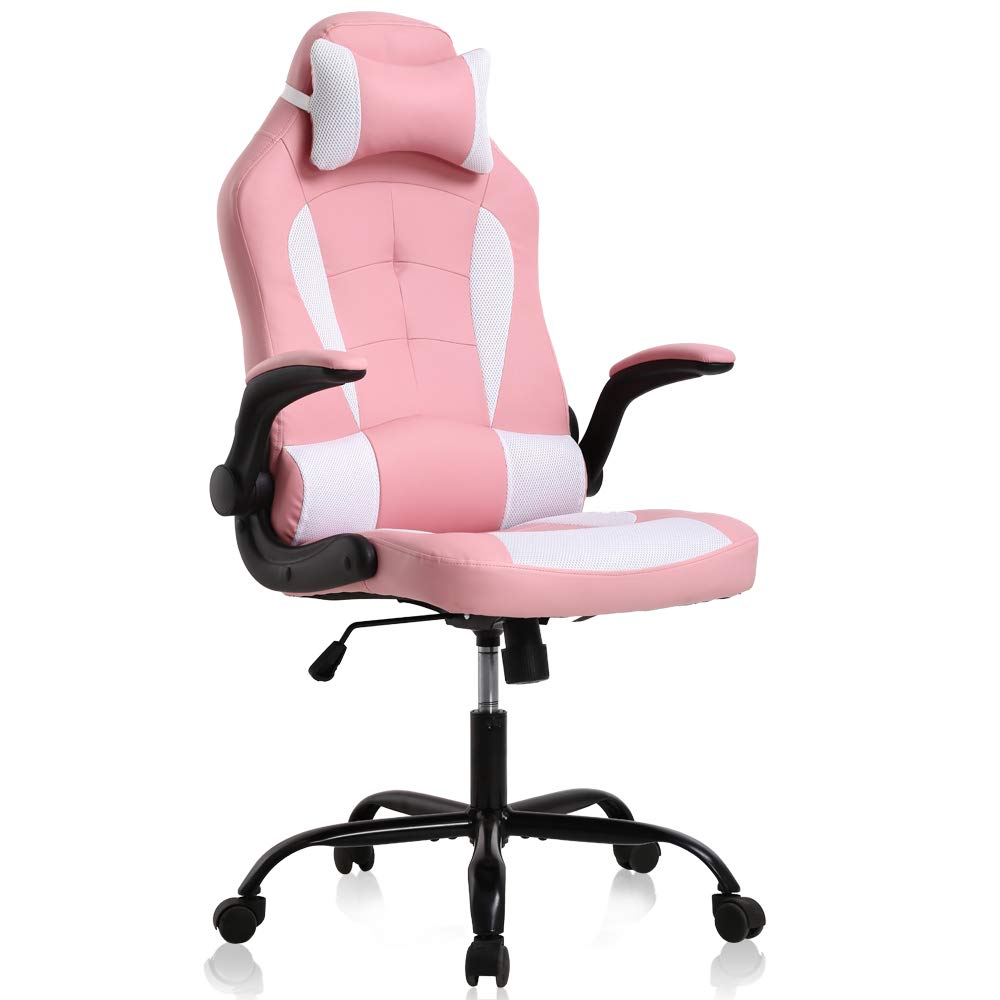 Ergonomic Gaming & Office Chair with Lumbar Support - High Back PU Leather Computer Desk Chair with Flip-Up Arms & Headrest - Swivel Task Chair for Adults (Pink) - Perfect for Home Office, Gaming Setup & Workspace Comfort