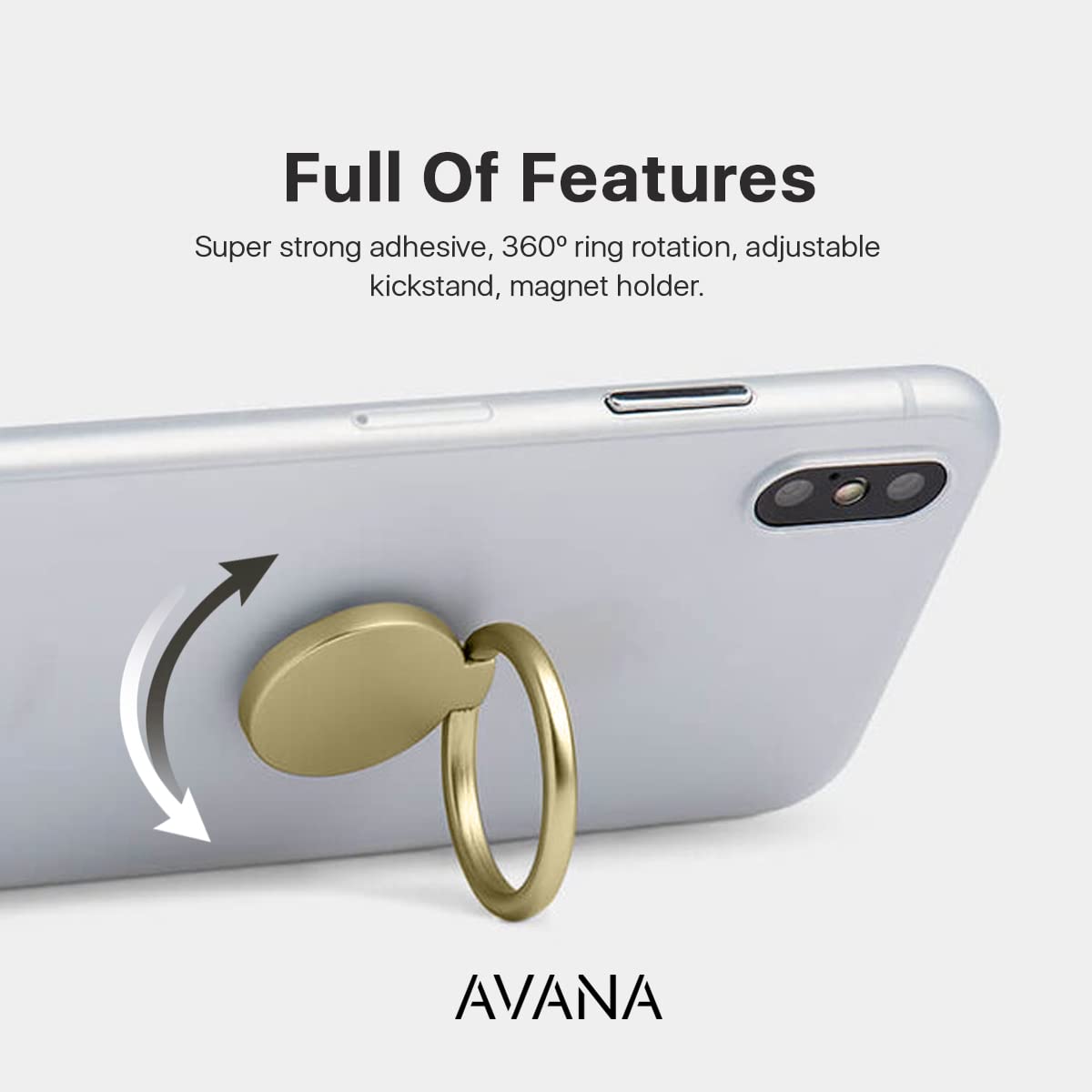 Avana 360° Rotatable & 180° Foldable Phone Ring Holder - Universal Magnetic Phone Grip for iPhone, Samsung, Huawei - Gold Phone Stand & Car Mount Accessory - Perfect for Selfies, Driving & Hands-Free Use