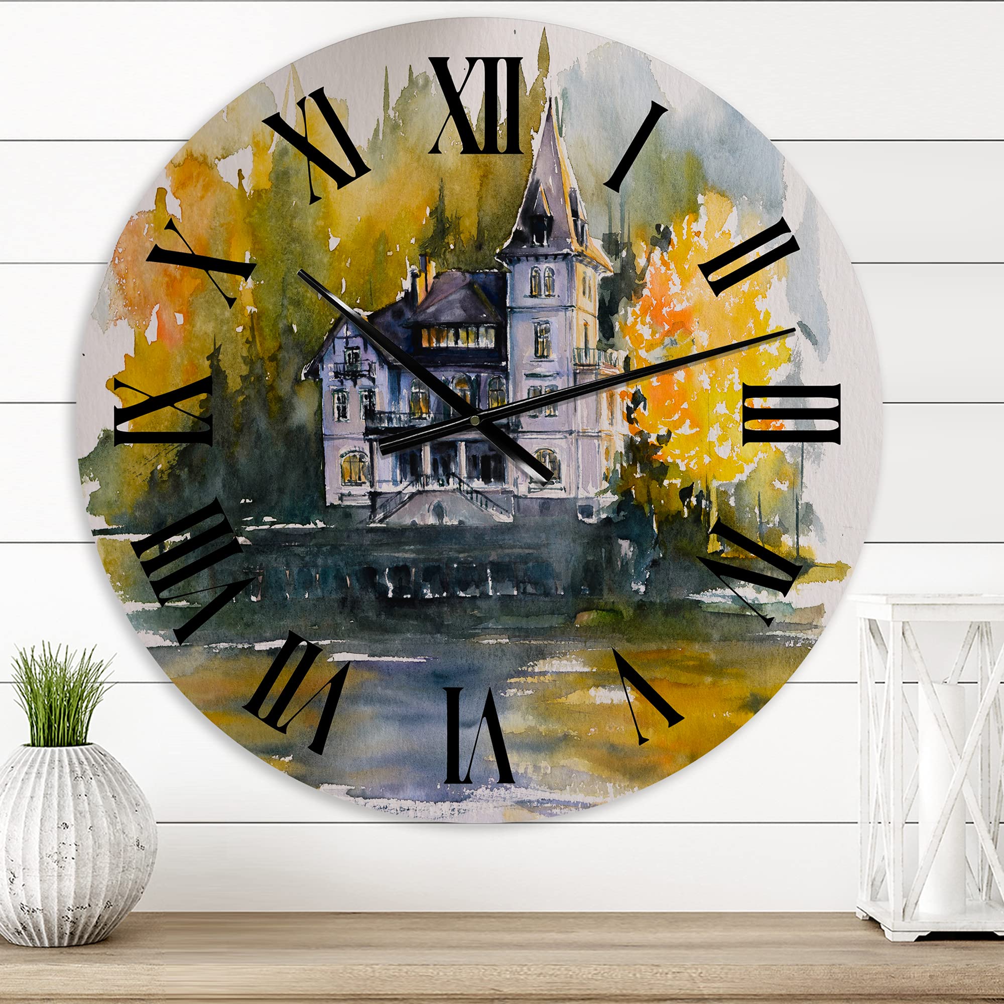 Castle by The Lake with Autumn Trees Wall Clock - Large Landscape Nature Wall Decor for Kitchen, Living Room, Bedroom - Perfect for Home, Office & Cabin Decor