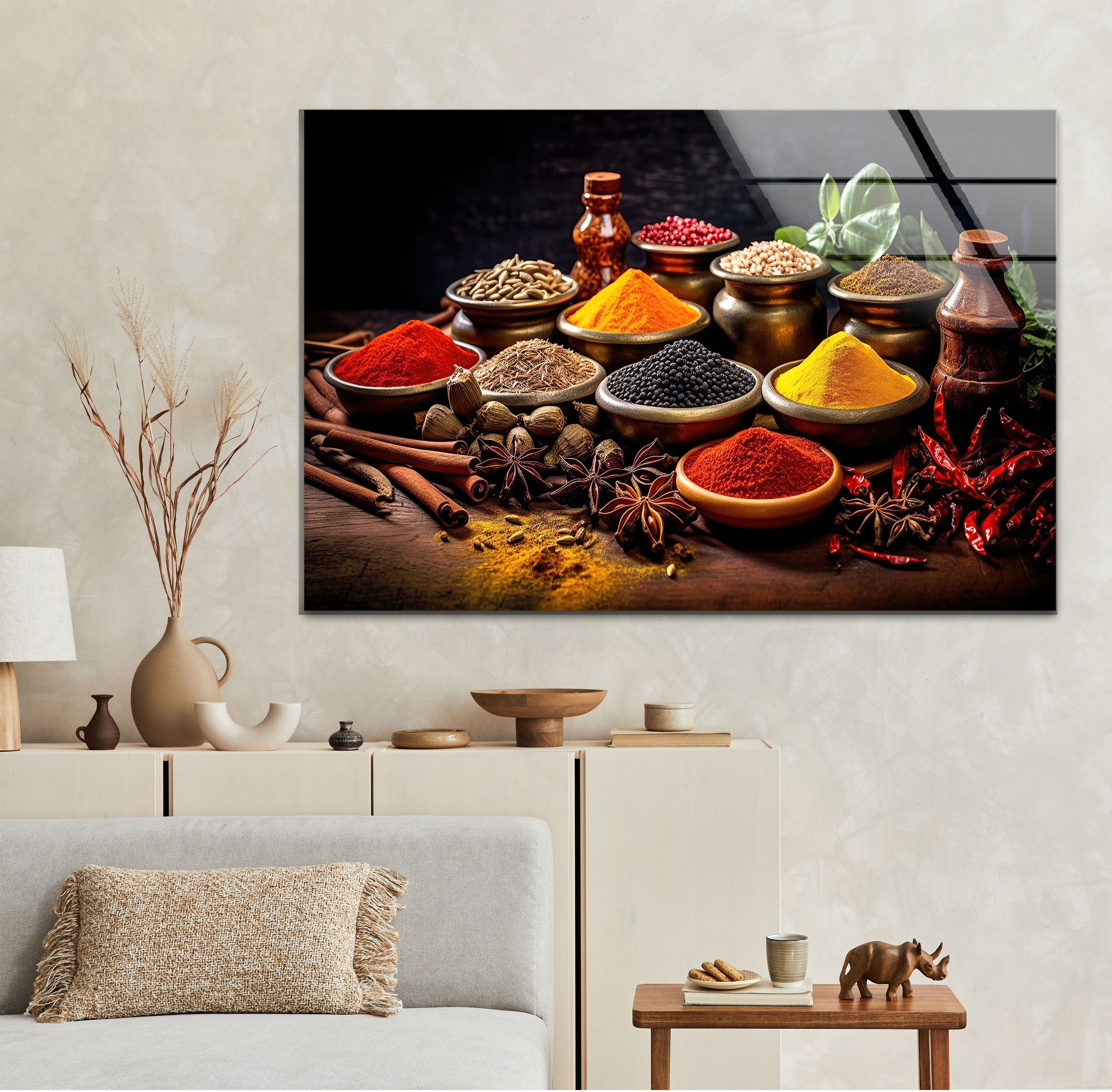 Vibrant Indian Spice Wall Art Decor - Exotic Kitchen Glass Print with Rustic Herbs & Seasonings - Perfect for Boho Home Decor, Restaurant Wall Art & Spice Lover Gifts