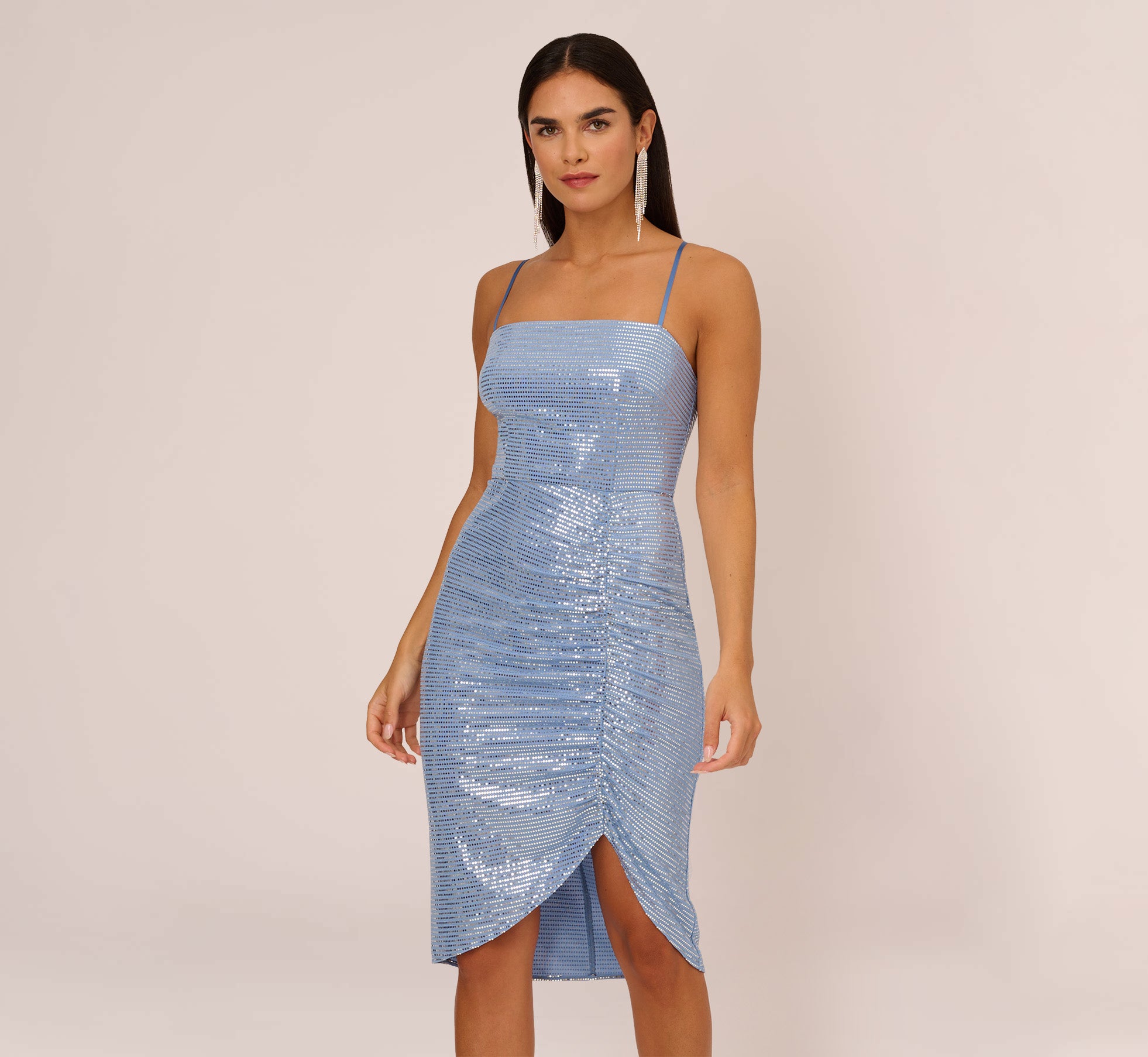 Sequin Knit Cocktail Dress with Ruched Details in Air Force Blue - Perfect for Evening Parties, Date Nights & Special Occasions