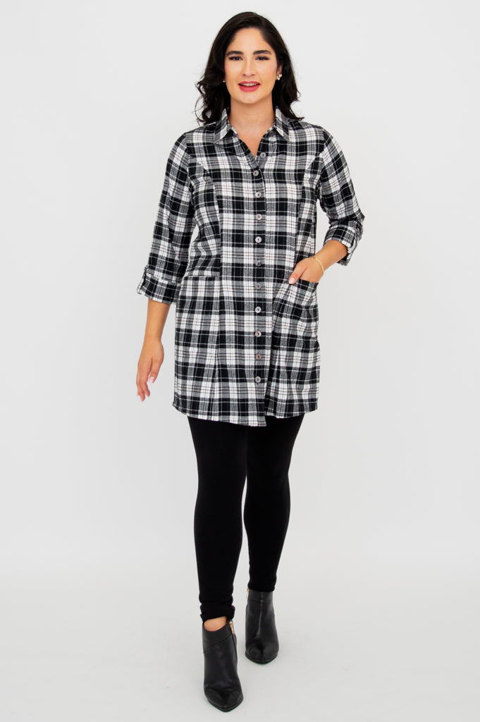Larissa Tunic Top - Stylish Bobcat Plaid Cotton Blouse for Women | Perfect for Casual Outings, Office Wear & Fall Fashion