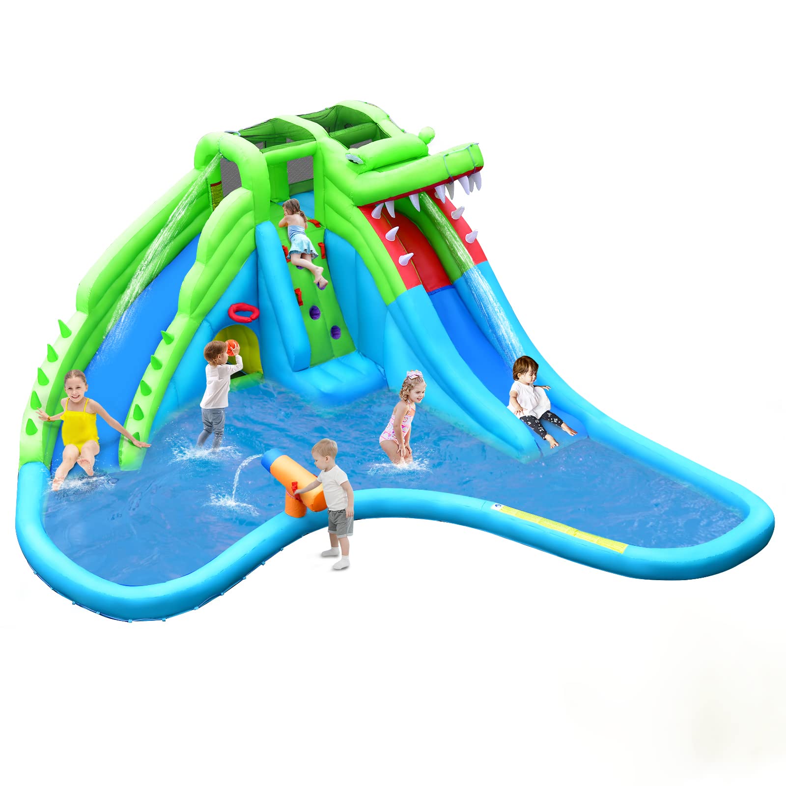 **HONEY JOY 7-in-1 Inflatable Water Slides for Kids - Crocodile Splash & Slide Water Park with Climbing Wall, Long Slide, Crawl Tunnel & Splash Pool - Outdoor Blow Up Water Park for Backyard (Blower Not Included) - Perfect for Summer Parties, Family Fun & Backyard Adventures**