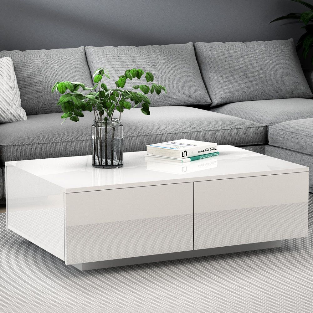 Modern White High Gloss Coffee Table with 4 Storage Drawers - Living Room Furniture for Small Spaces & Home Decor