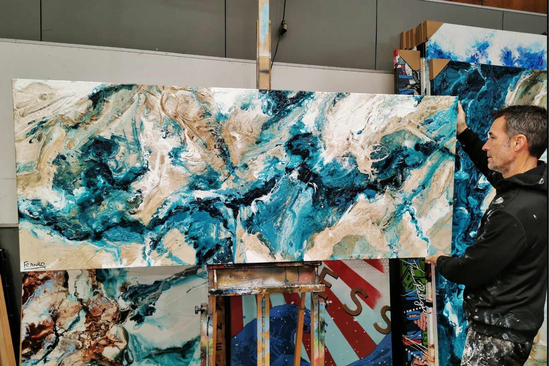 200cm x 80cm Teal Cream Textured Abstract Canvas Painting - Modern Honey & Southern Atmosphere Inspired Wall Art for Living Room, Bedroom, or Office Decor