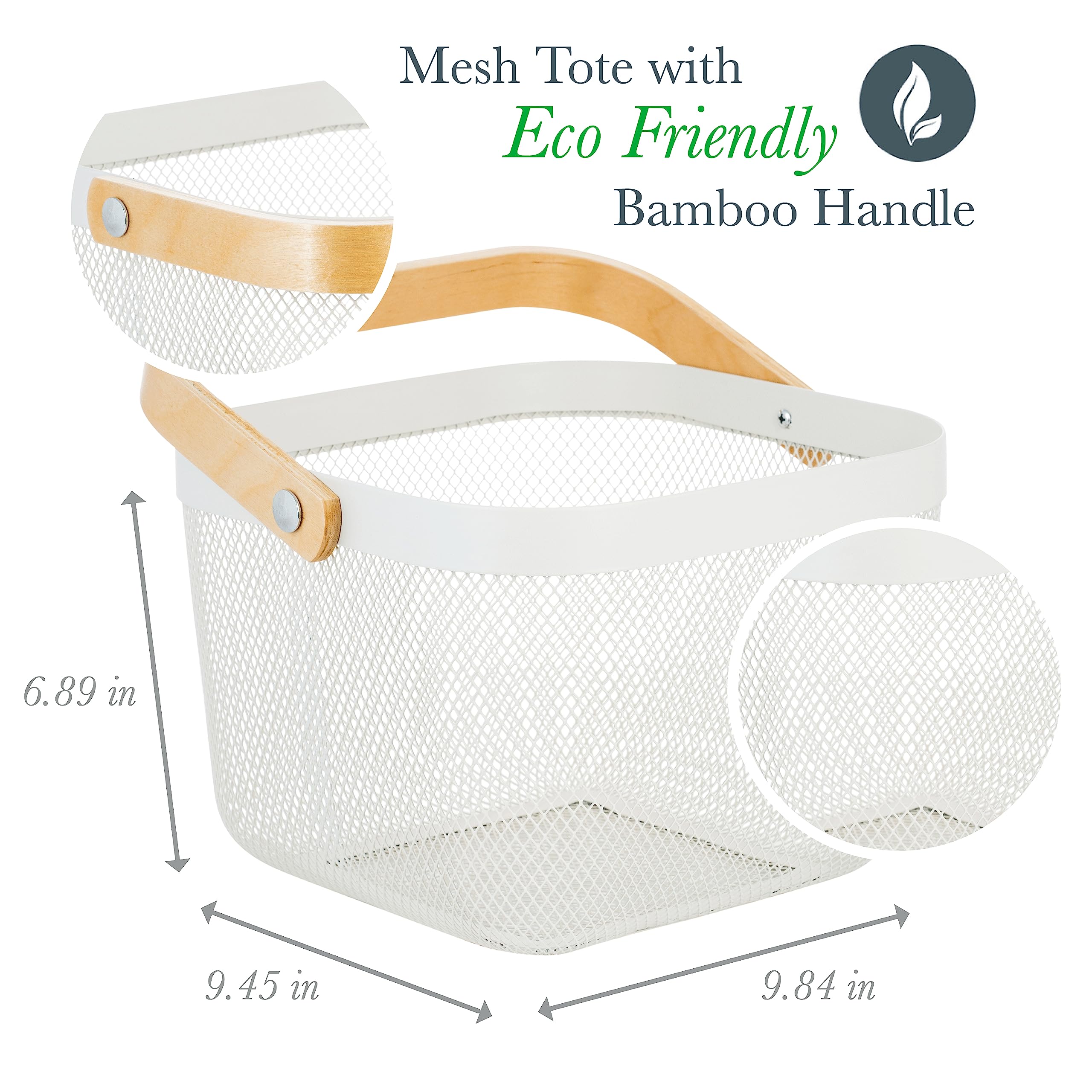 White Bamboo Handle Multi-Purpose Shower Caddy - Durable Grocery Basket for Bathroom, Kitchen & Shopping | Perfect for Organizing Toiletries, Produce & Household Items