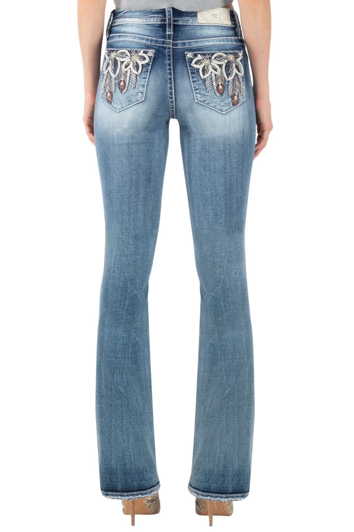 Miss Me Women's Bright Blue Flower Feather Mid-Rise Bootcut Jeans - Comfortable Stretch Denim for Casual Wear & Night Out