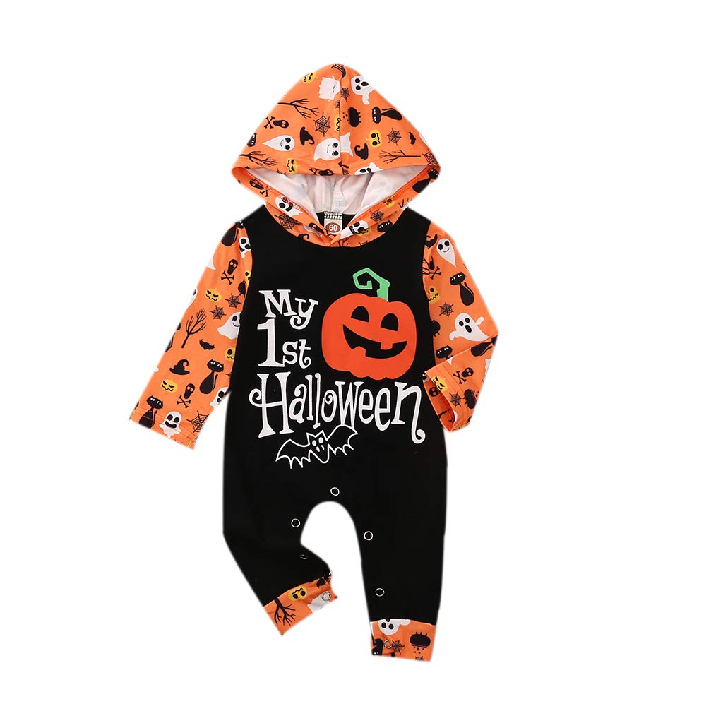 My 1st Halloween Baby Outfit - Cute Letter Pattern Hooded Romper for Newborn Girls & Boys | Long Sleeve One-Piece Jumpsuit | Perfect for Halloween Photos, Costume Parties & First Holiday Memories