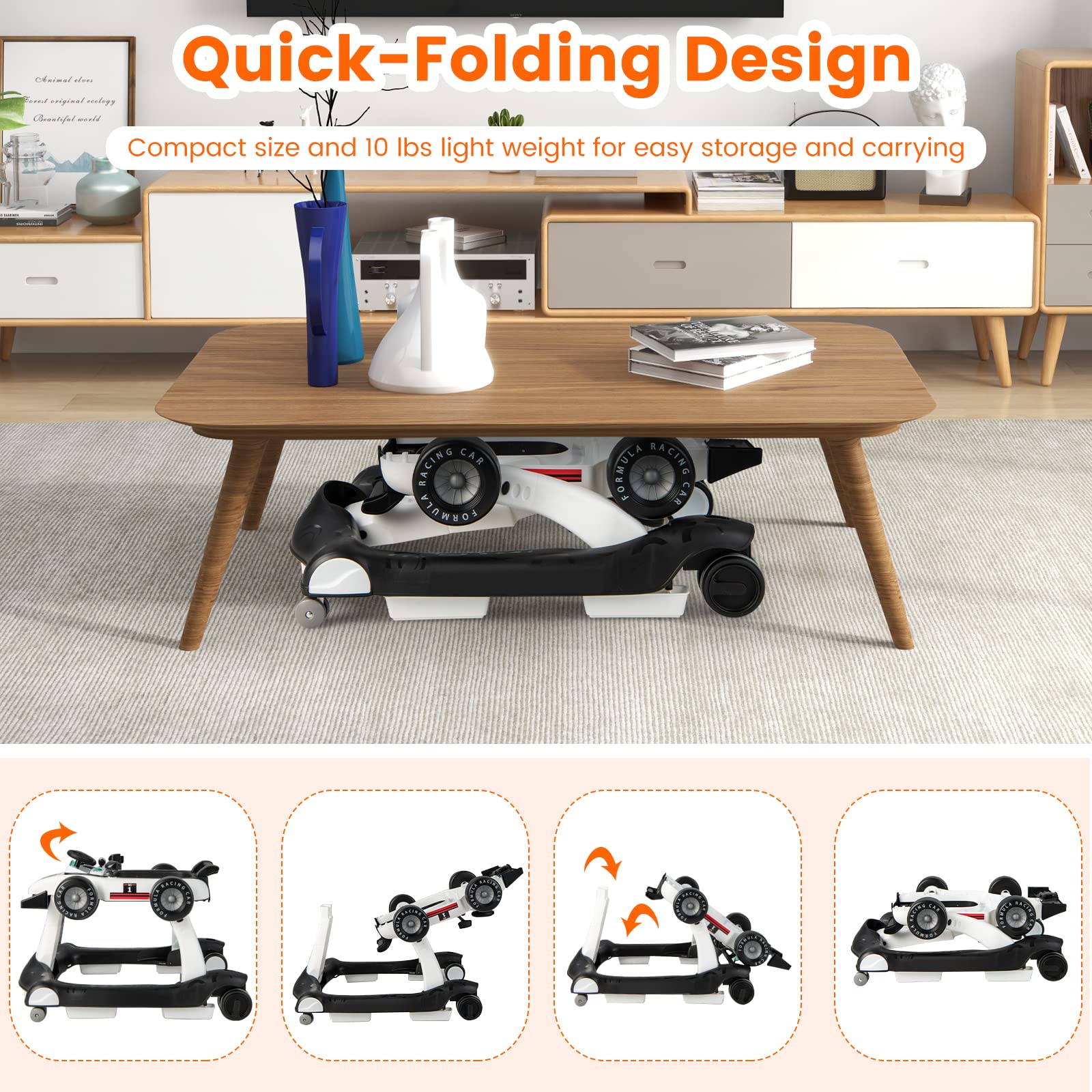 HONEY JOY 4-in-1 Baby Walker & Activity Push Walker with 3 Adjustable Heights, Smooth Wheels, Speed Control, Padded Seat, Music & Lights - Foldable Infant Walker for Boys & Girls 6-24 Months (White) - Perfect for Learning to Walk, Playtime & Indoor Activities