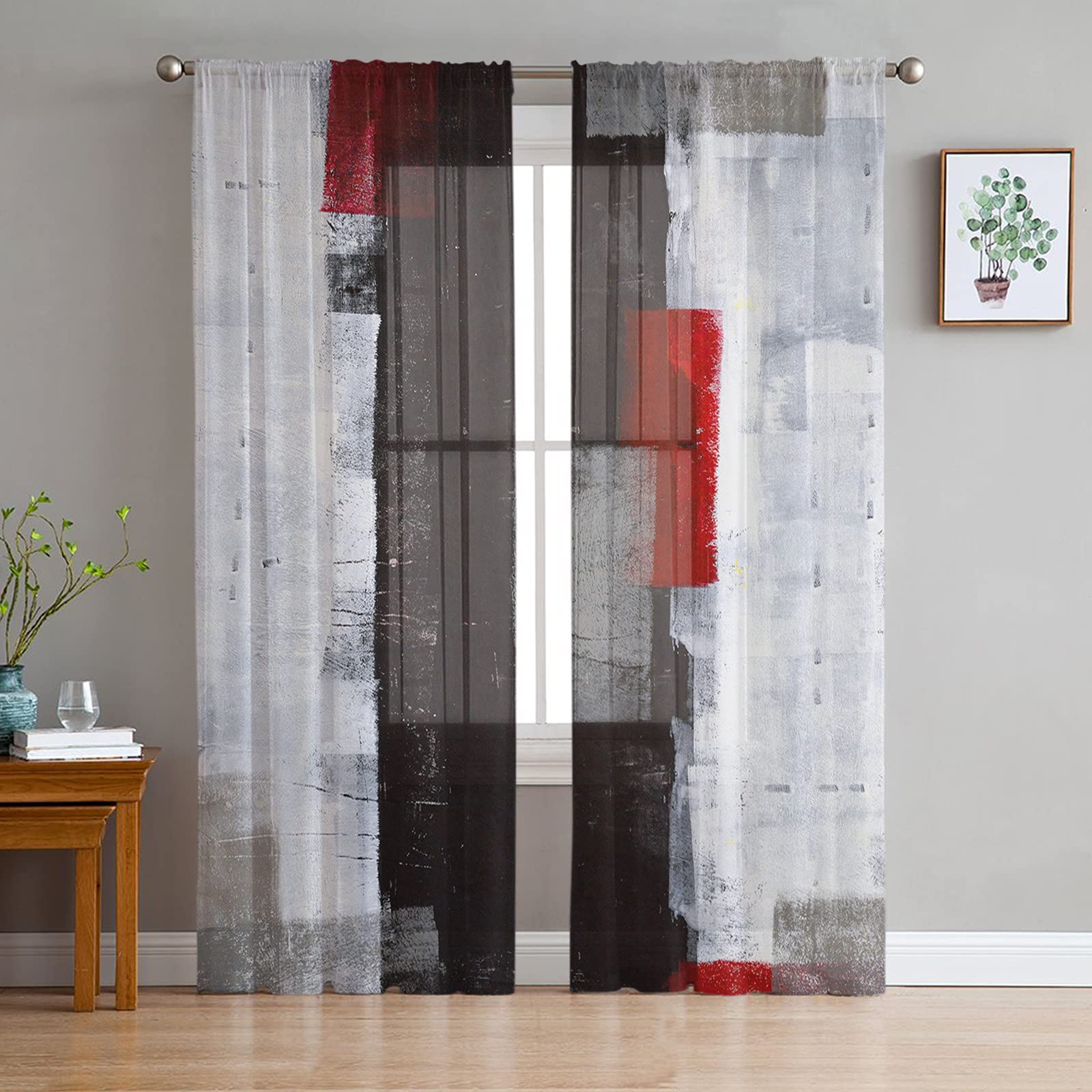Red and Grey Abstract Semi-Sheer Curtains - 2 Panels Set, 52