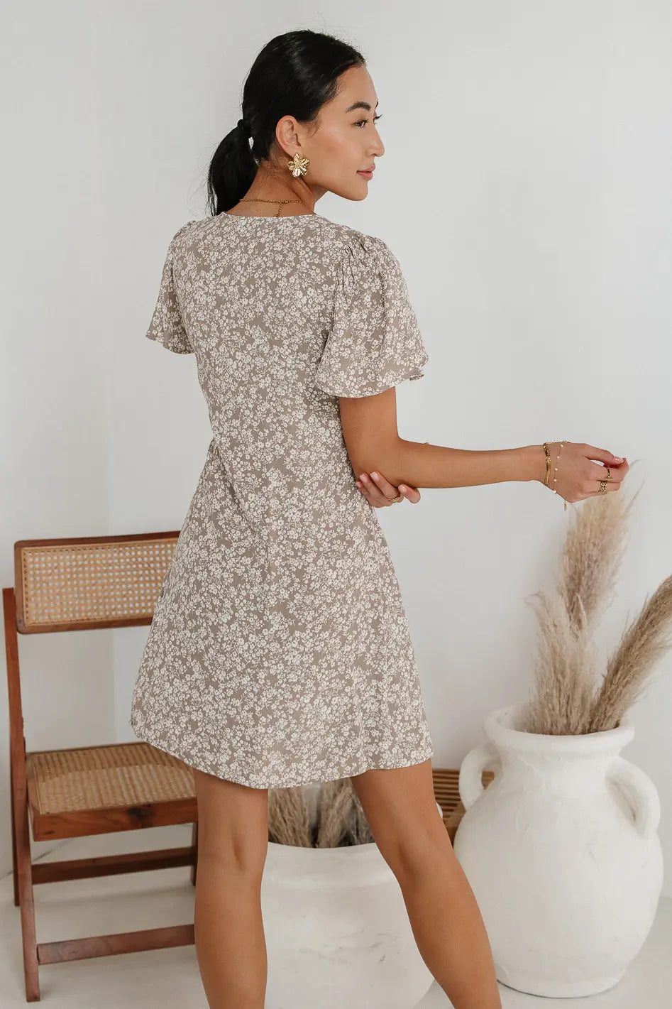 Abbie Floral Mini Dress in Taupe - Women's Summer Casual Short Sleeve Party Dress for Beach Vacation, Date Night & Outdoor Events (Final Sale)