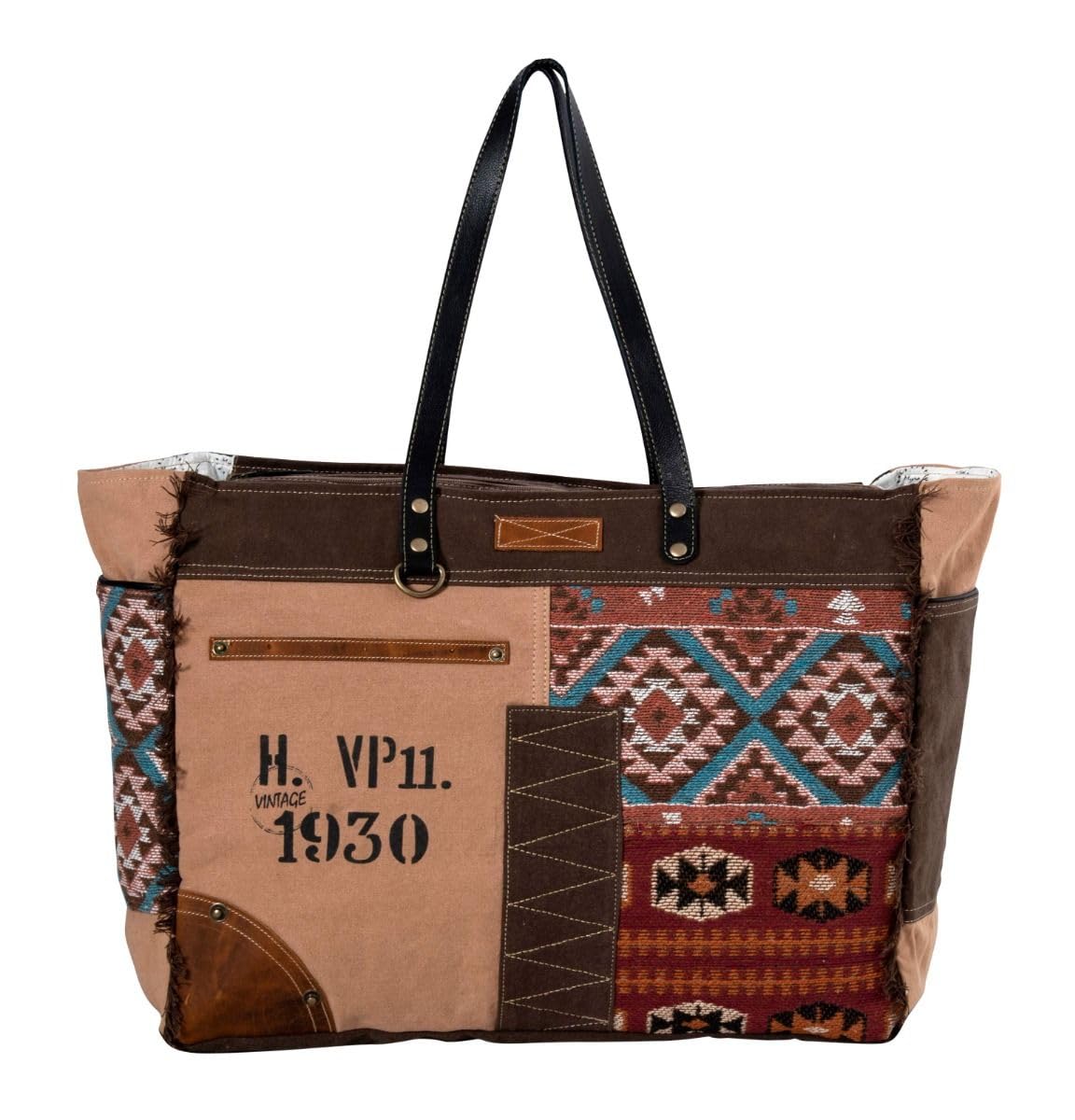 Myra Bag Western Leather Weekender Bag for Women - Upcycled Canvas Shoulder Bag with Southwest Style | Perfect for Travel, Weekend Getaways & Boho Fashion Accessories