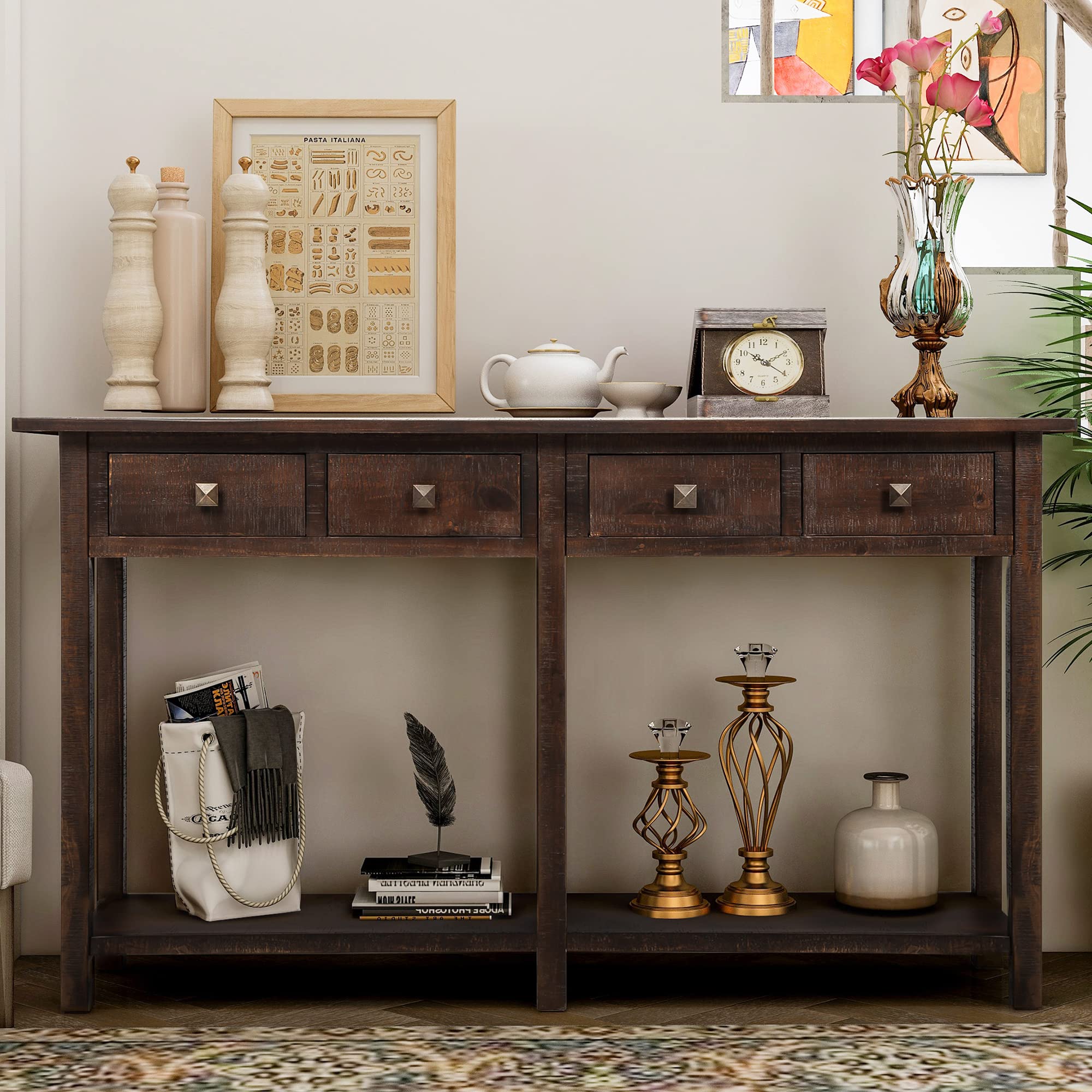 Vintage 59-Inch Long Slim Console Table with 4 Drawers - Mid-Century Modern Sofa Table for Living Room Entryway Hallway | P PURLOVE Retro Furniture for Home Decor