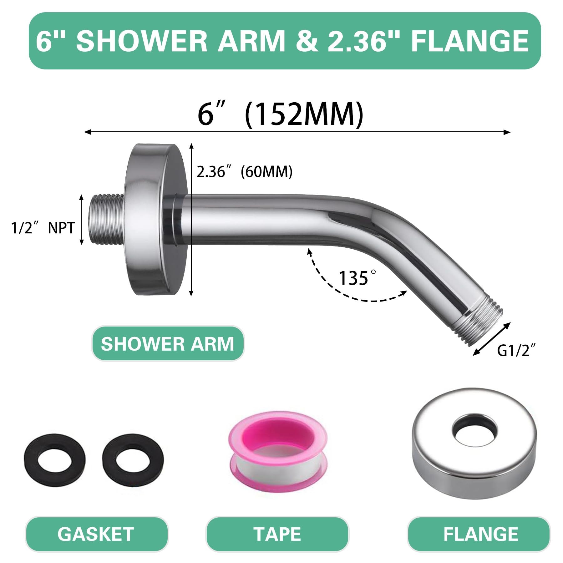 Stainless Steel 6 Inch Shower Arm with Flange & Tape - Chrome Wall Mounted Shower Head Extension for Fixed Shower Heads | Bathroom Upgrade, Home Renovation, Hotel Installation