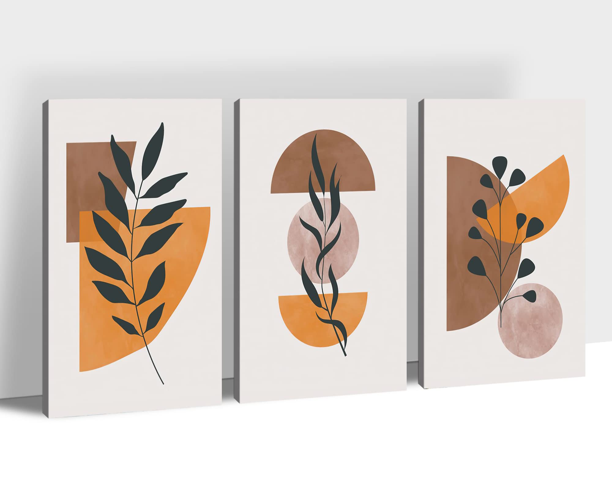 3-Piece Boho Wall Art Set - Bohemian Canvas Prints, Mid-Century Modern Abstract Wall Decor, Minimalist Geometric Plant Framed Artwork for Living Room, Bedroom & Office (24