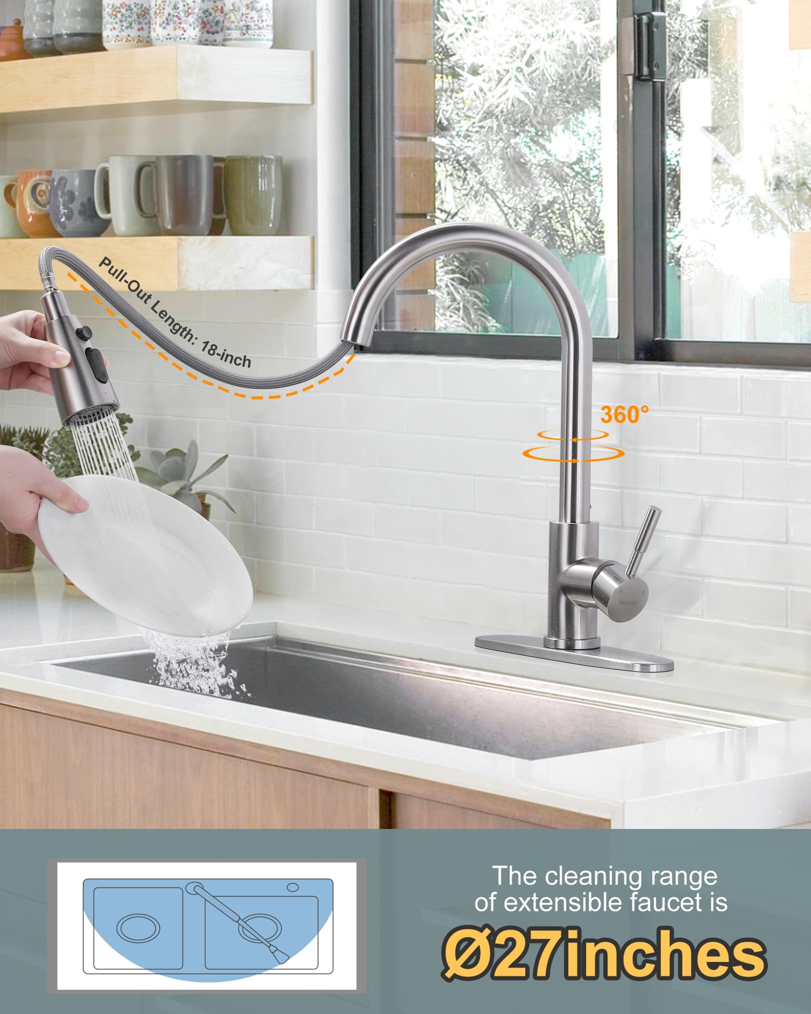 Premium Stainless Steel Kitchen Faucet with Pull Down Sprayer - High Arc Single Handle Brushed Nickel Sink Faucet for Modern Homes | Ideal for Cooking, Washing Dishes & Food Prep