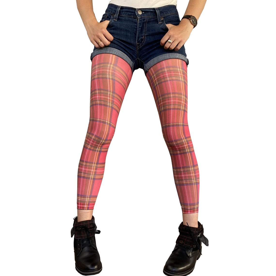 Women's Red Plaid Footless Tights - Stretchy Comfortable Leggings for Yoga, Dance & Casual Wear